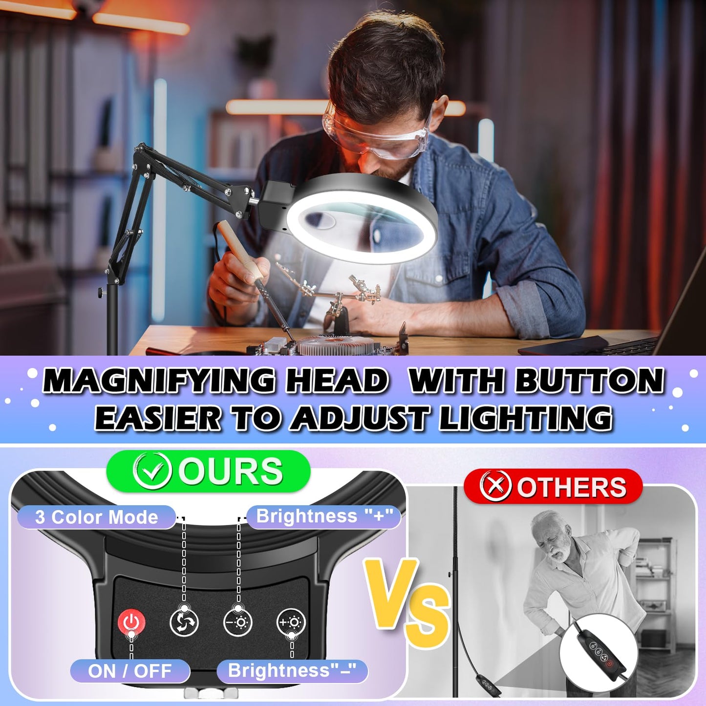 30X 10X Large Floor Magnifying Glass with Light and Stand,72 LED Adjustable Height Floor Magnifying Lamp,2 in 1 Lighted Magnifiers for Close Work, Sewing,Crafts,Hobbies,Reading (Black)