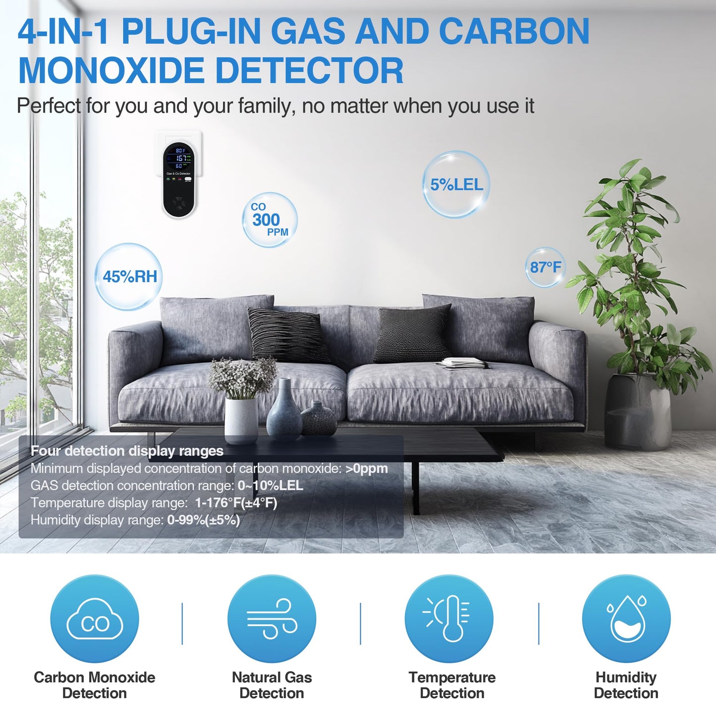 4-in-1 Portable Carbon Monoxide Detectors Plug-in – Natural Gas Leak Detector, Methane & CO Alarm with Dual Sensor, Temperature & Humidity Display for Home, RV, Travel, 3 Pack