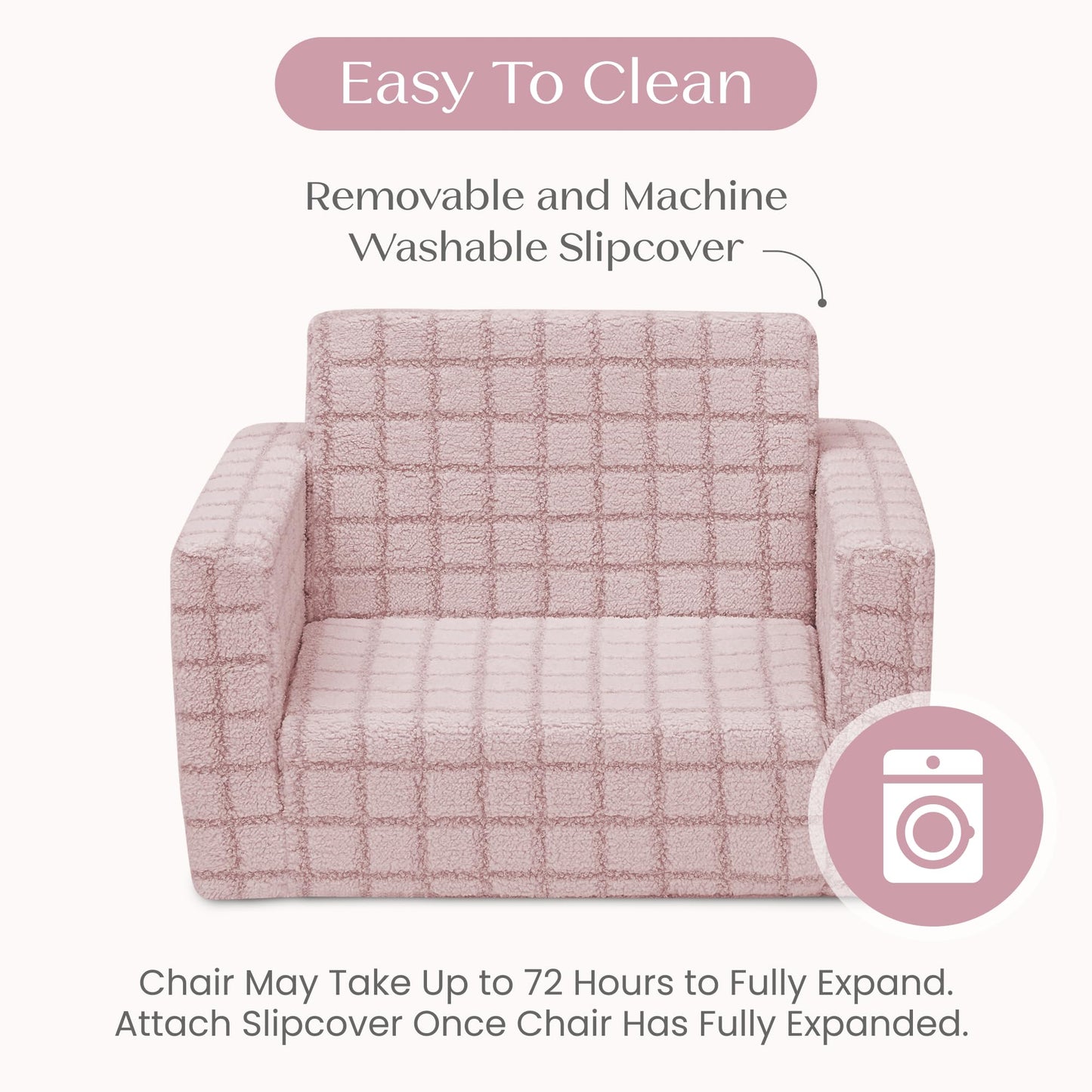 Delta Children Checkered Cozee Flip-Out Kids Chair, Snuggly Sherpa-Like Foam Convertible Armchair for Boys and Girls, Machine Washable Cover, Soft Comfy Toddler Seating for Playroom/Bedroom, Pink