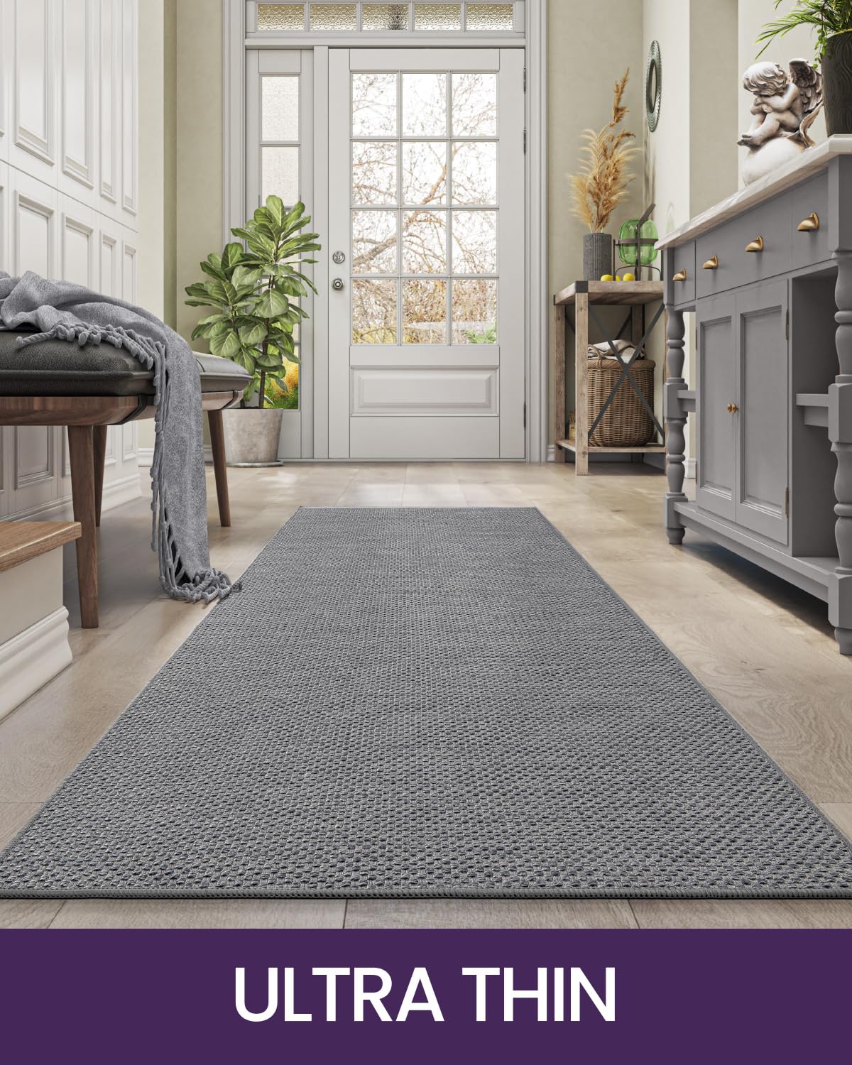 DEXI Hallway Runner Rug 2'4''x8', Non Slip Rubber Backed Runners Carpet, Ultra Thin Entryway Rugs Indoor for Kitchen Hallway Entrance Bedroom, Grey