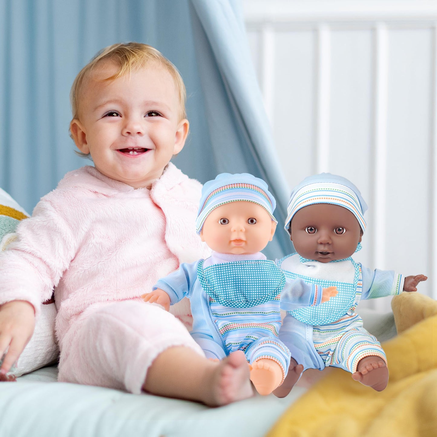 Toy Choi's Twin Baby Dolls - 30cm Two Soft Body Black and White Doll with Accessoires, Dolls Play Set for 2 3 4 5 Year Old Boys and Girls Gift | Blue Outfit Doll Set
