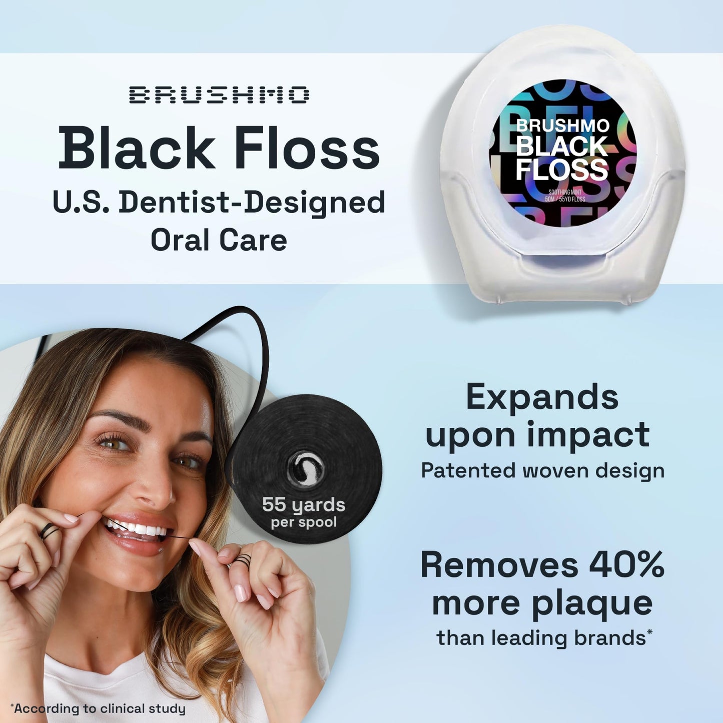 Brushmo Black Floss (BB Floss) - Expanding Gum-Friendly Soothing Mint Dental Floss, Natural Wax Helps Remove Plaque from Teeth, US-Dentist Designed PTFE & PFAS Free Oral Care, 5 Spools, 275 yd, Vegan