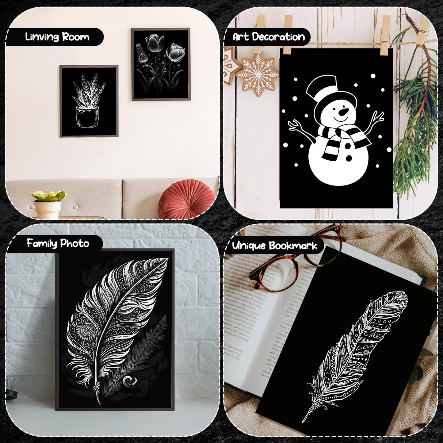 Noveread 200 Sheet Scratch Paper Art Set 8.5 x 11 Inch Black Coated Scratchboard Black Scratch Paper with Wooden Stylus and Stencils DIY Scratch Painting Art Paper for Adults