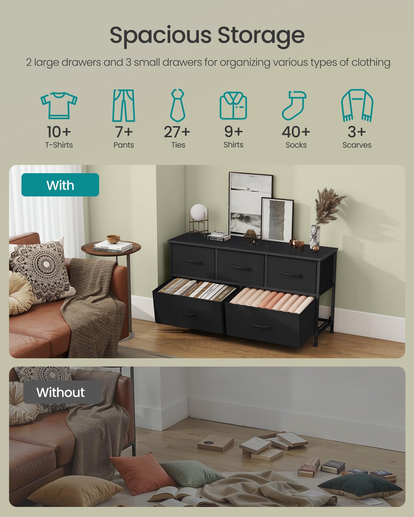 SONGMICS Dresser for Bedroom, Chest of Drawers, Steel, MDF, 5 Non-Woven Fabric Drawers, Storage Organizer Unit, Closet, Entryway, Ink Black and Ebony Black ULGS322B01S