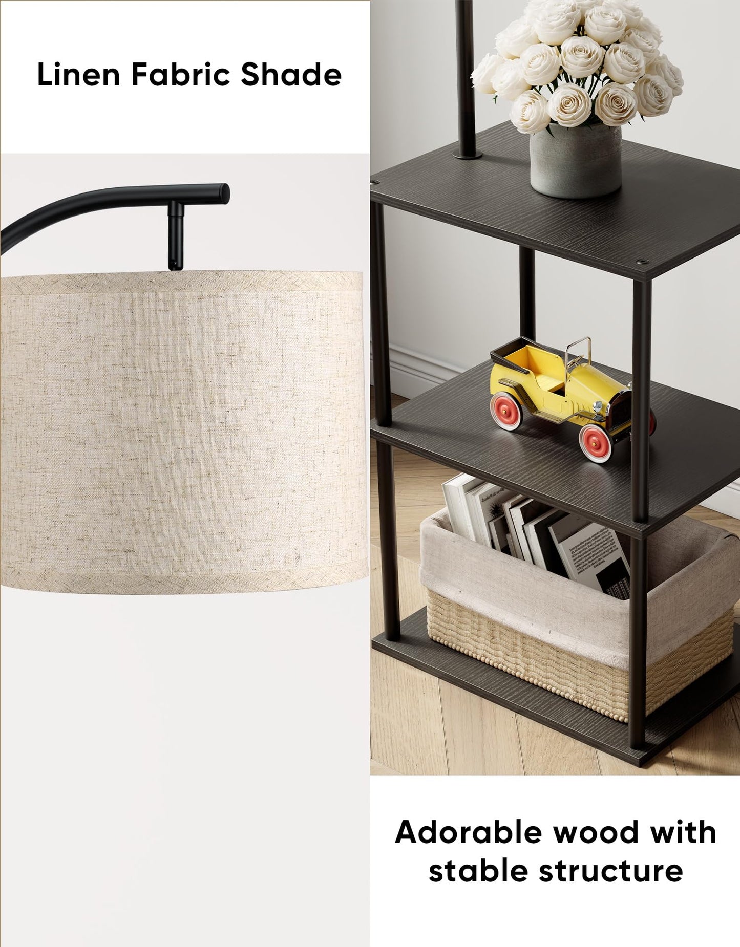 PARTPHONER Floor Lamp with Table, Night Stand with Lamp, Narrow Side Table with 3CCT LED Bulb, Small Coffee Table, Modern End Table with Storage Shelves for Living Room Bedroom Home Décor, Black