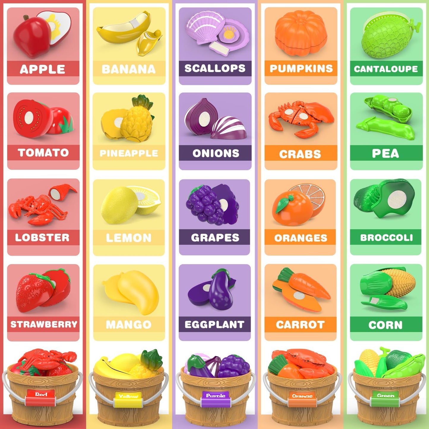 Food Toys for Kids Pretend Play Kitchen Accessories Food Sorting Toy Fake Fruits and Vegetables Set with Shopping Storage Basket Table