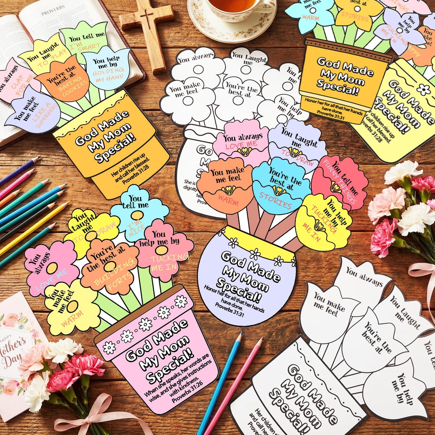 Dunzoom 48 Pcs Mother's Day Christian Crafts Color Your Own Sunday School Crafts with 12 Colored Pencils God Made My Mom Special Flower Pot Arts DIY Bible Religious Gifts Church Classroom Activities