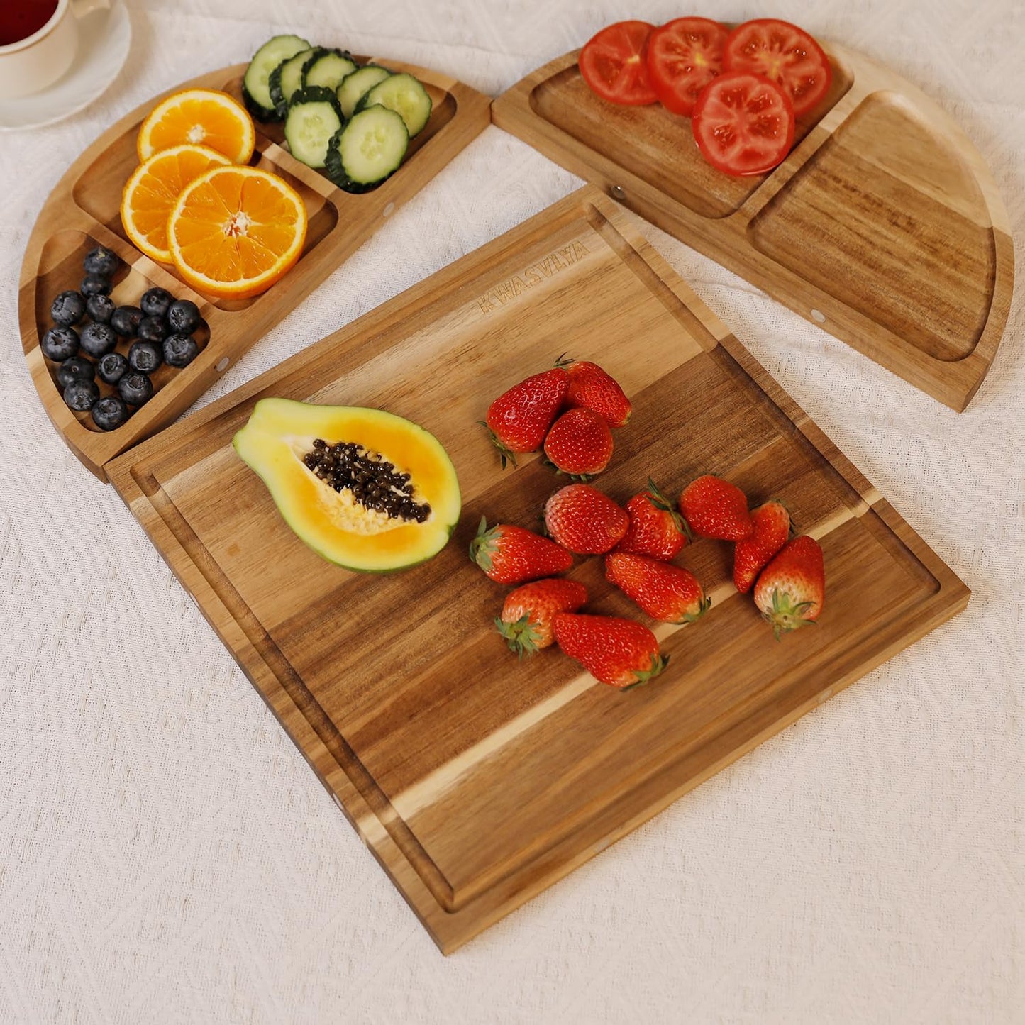KWASVLYA Magnetic Charcuterie Board Set - Acacia Wood Serving Tray & Cutting Board with Modular Design, Juice Grooves, +4 Cutting Mats & Knives, 26x13 Inch, Gift for Home/Parties