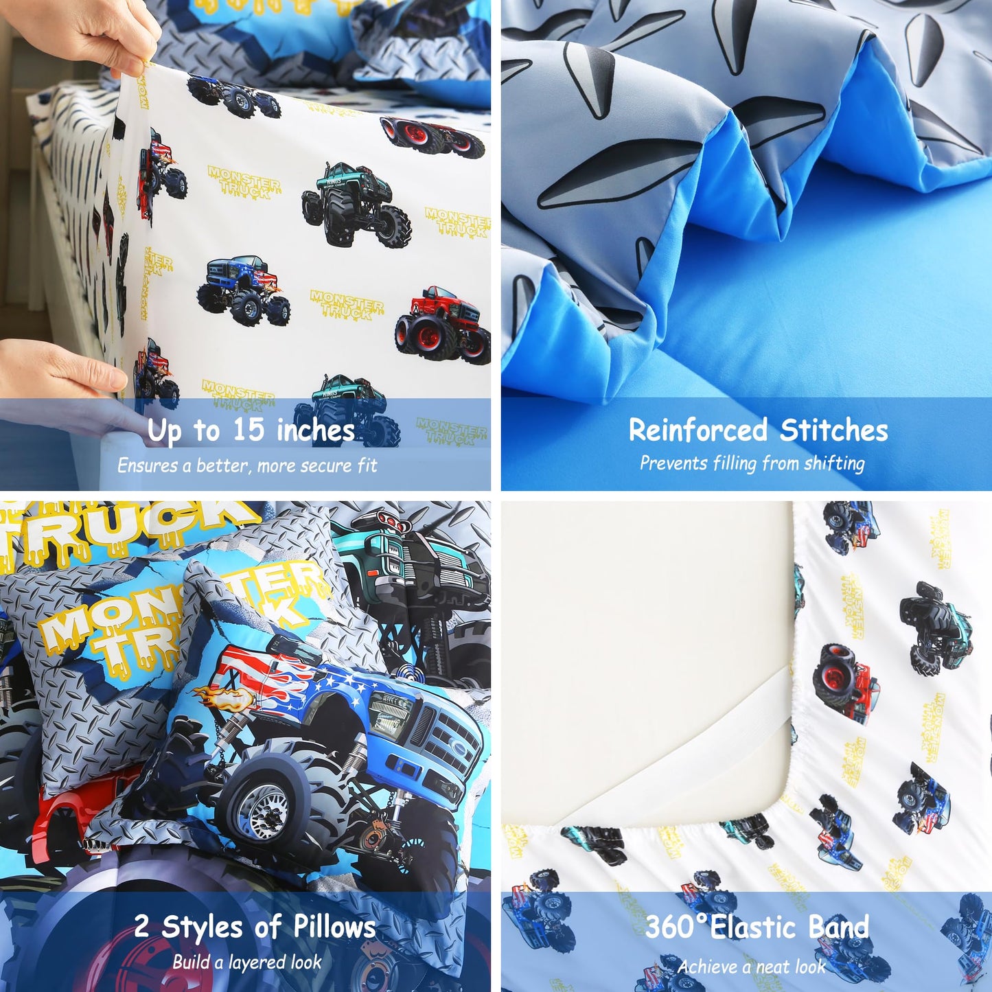 lasoftan Kids' Monster Truck Twin Comforter Set, 5-Piece Soft Fluffy Bed-in-a-Bag with Comforter, Fitted Sheet, Flat Sheet, Pillowcase, Pillow Sham, Deep Pocket 15", All-Season, Monster Jam, Twin