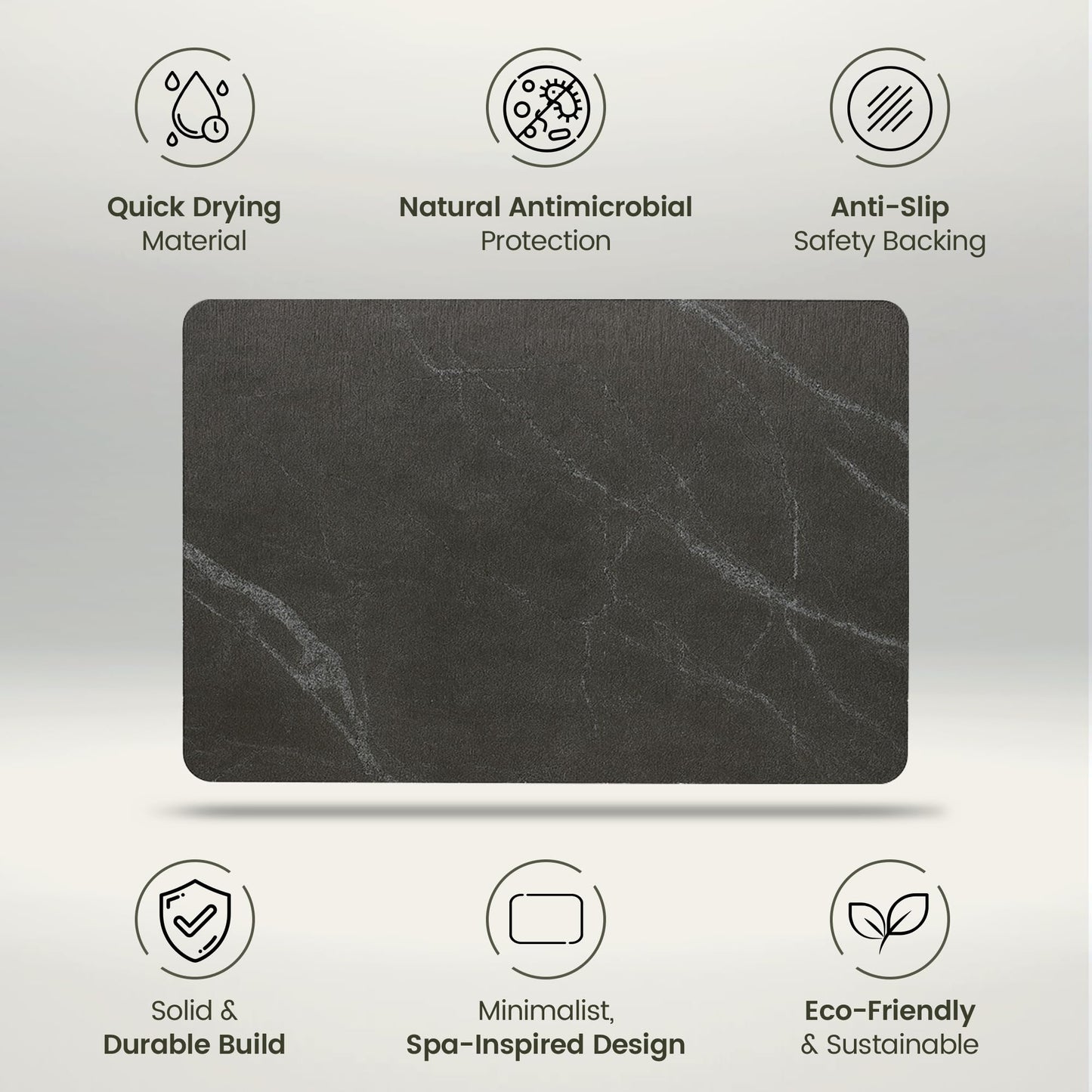 Solvio Quick Dry Shower Stone Bath Mat, Super Absorbent & Non-Slip 24 x 16 Inch Diatomaceous Earth Mat, Durable & Easy to Clean Diatomite Bath Mat for Bathroom Floor/Kitchen (Charcoal)