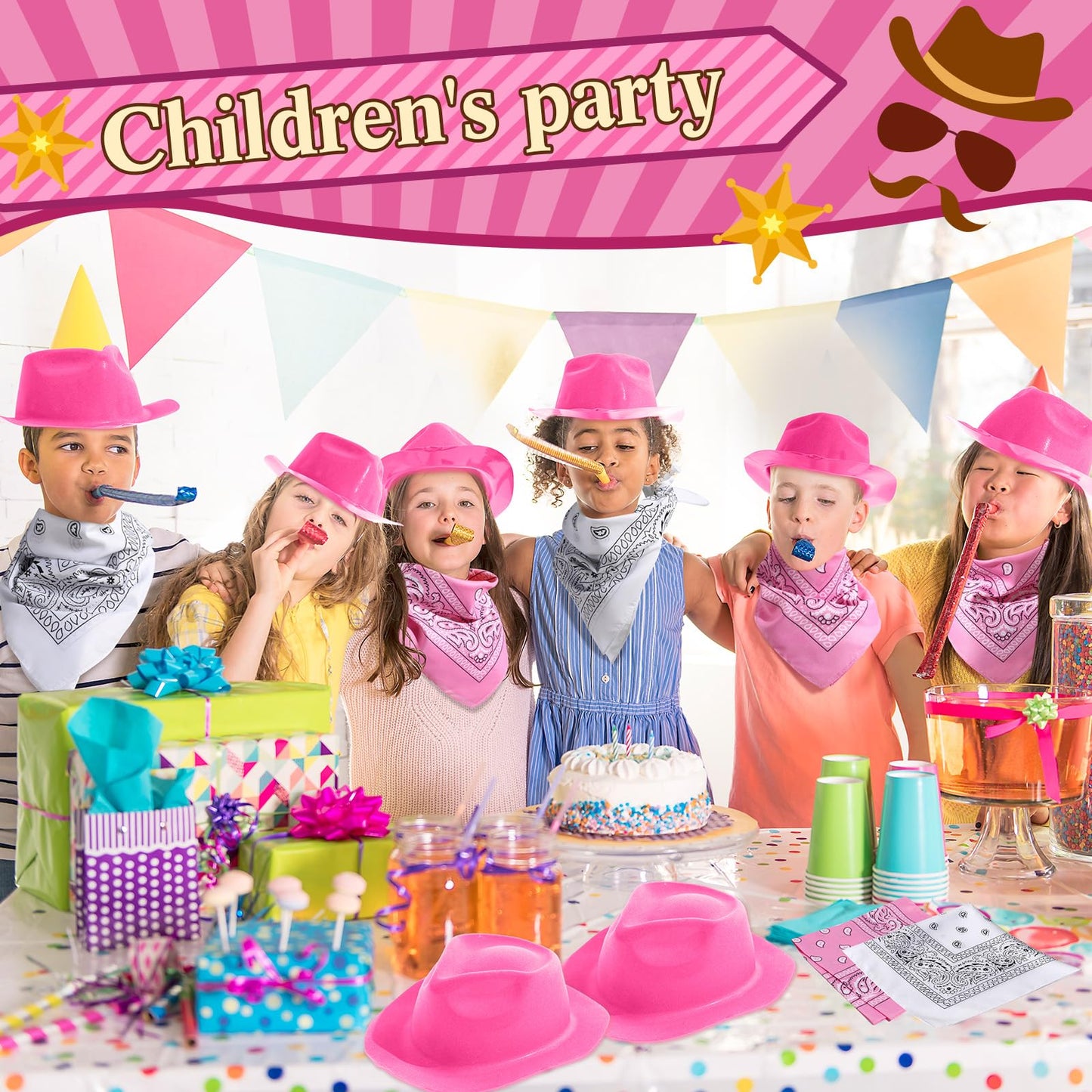48 Pack Cowboy Hat and Bandana Set, Cowgirl Hats for Boys Girls Felt Cowboy Party Hat Cowboy Western Bandanas for Party(Pink, White)