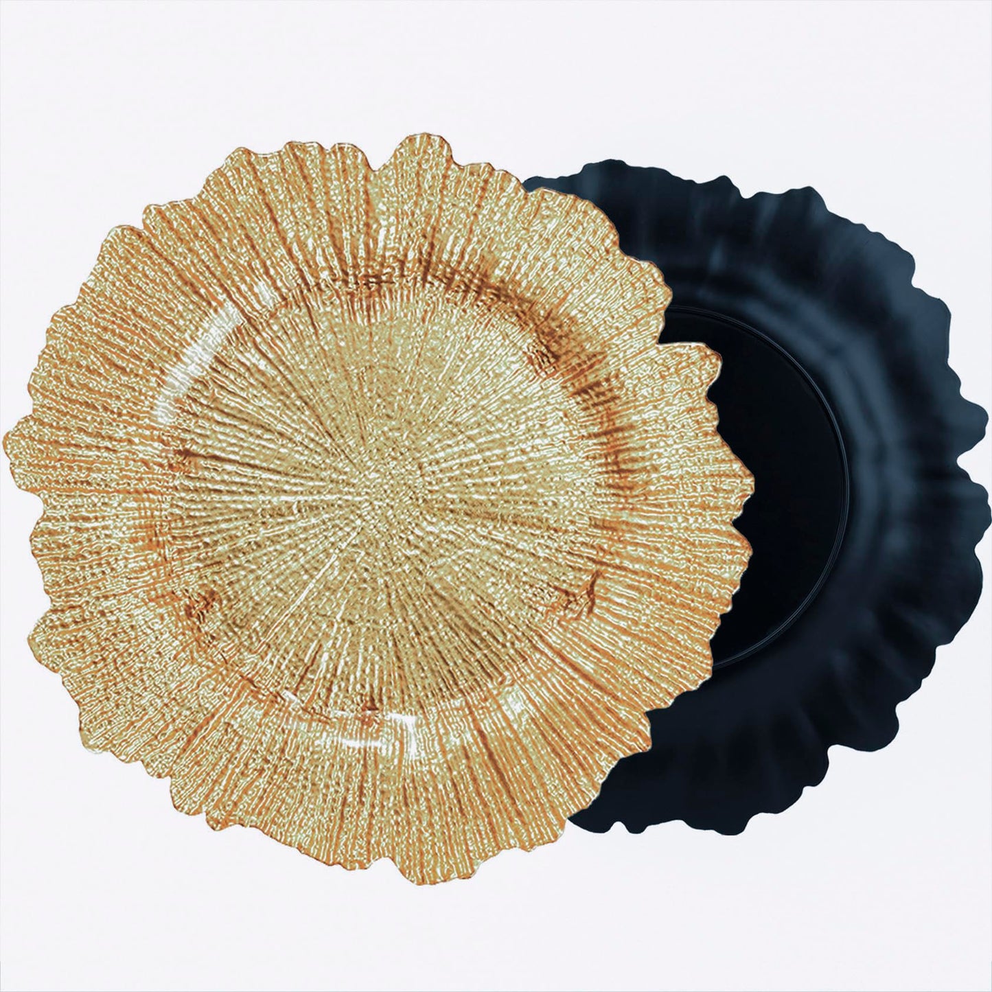 WUWEOT 12 Pack 13" Gold Charger Plates, Plate Chargers with Flora Reef Design, Plastic Round Ruffled Rim Dinner Charger Plates for Dinner Wedding Party Decoration