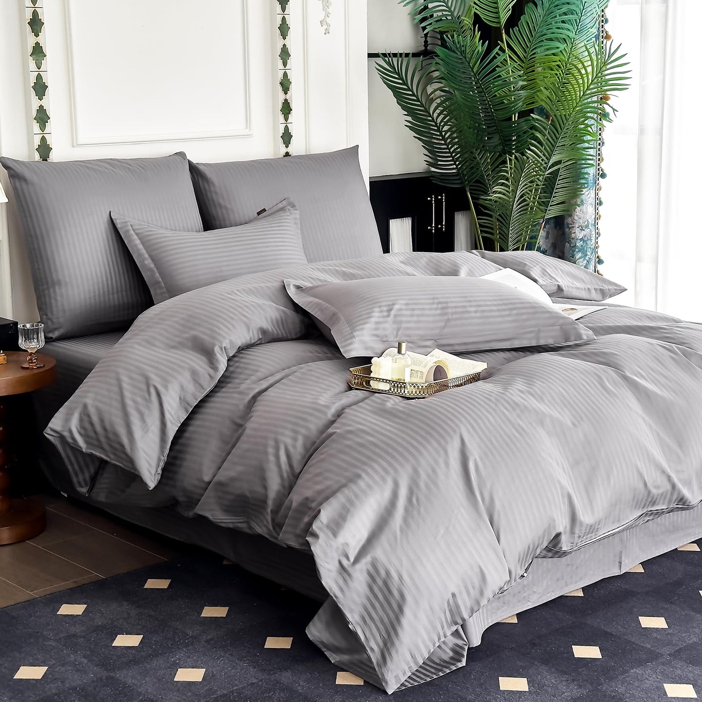 Amolavet Hotel Duvet Cover King Size Cotton Dark Grey Satin Pin Striped with Zipper - Duvet Cover King 3 Pcs Set 104x90 (1 Duvet Cover & 2 Pillow Shams) - Comforter/Quilt Cover King Size