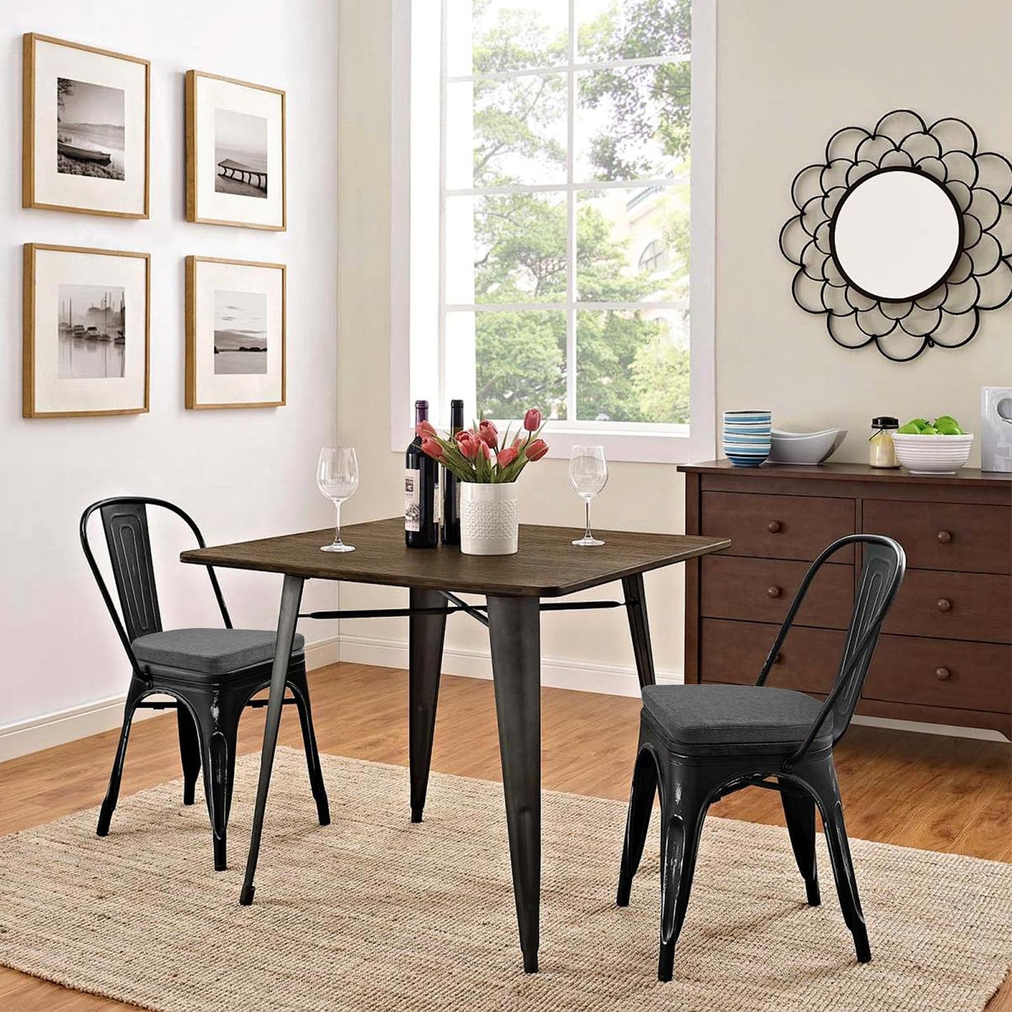 BUYUE Friendly Woven Fabric 14x14 Magnetic Cushions for Metal Chair Set of 4, Enhanced Anti-Slip Seat Pads for Dining Kitchen Café Stackable Chairs (U-Shape, Dark Gray, 4 Counts)