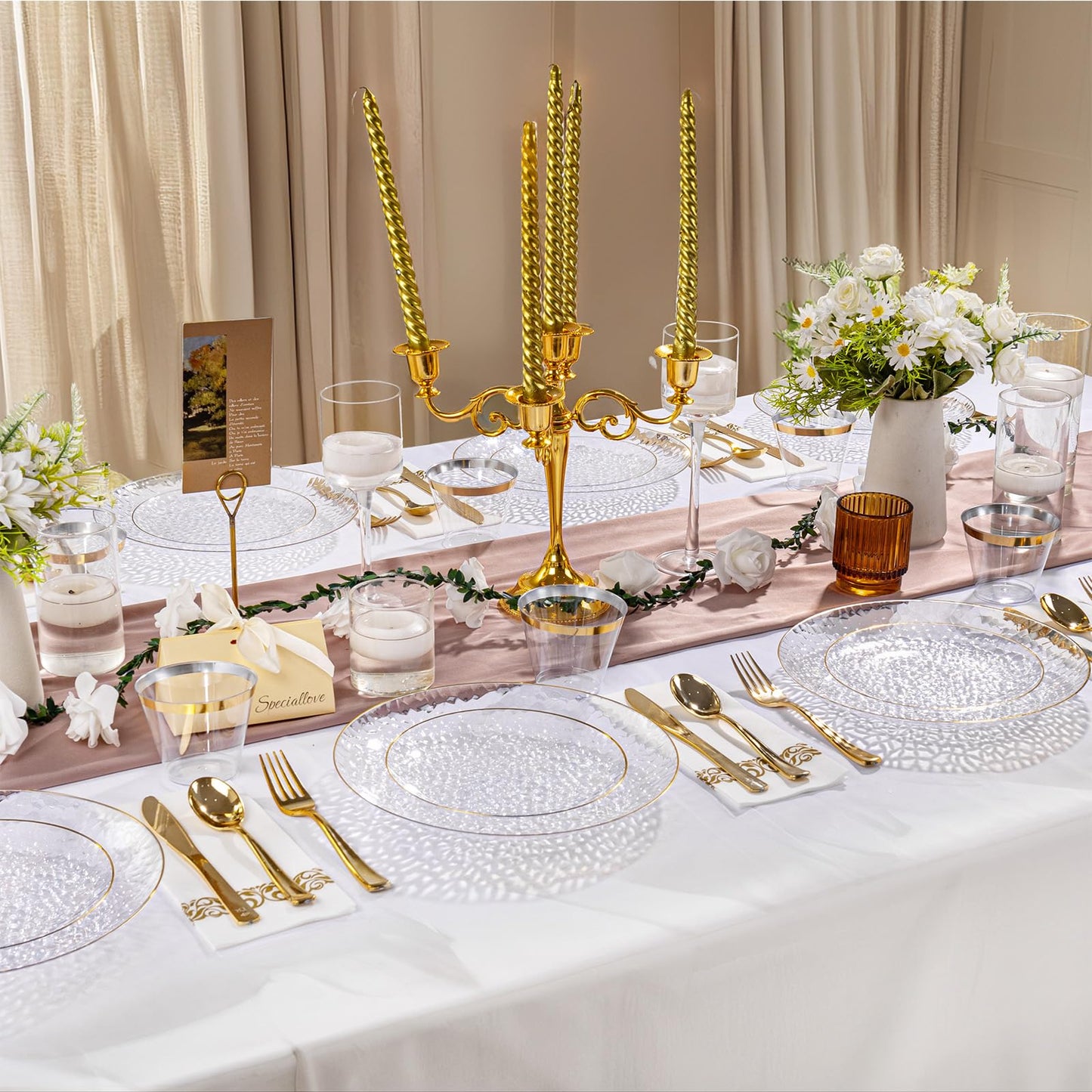 DaYammi 175PCS Clear Gold Plastic Dinnerware Set, Plastic Plates Disposable Hammered Disposable Plates for Party, Include: 25 Dinner Plates 25 Dessert Plates 75 Gold Silverware 25 Napkins 25 Cups