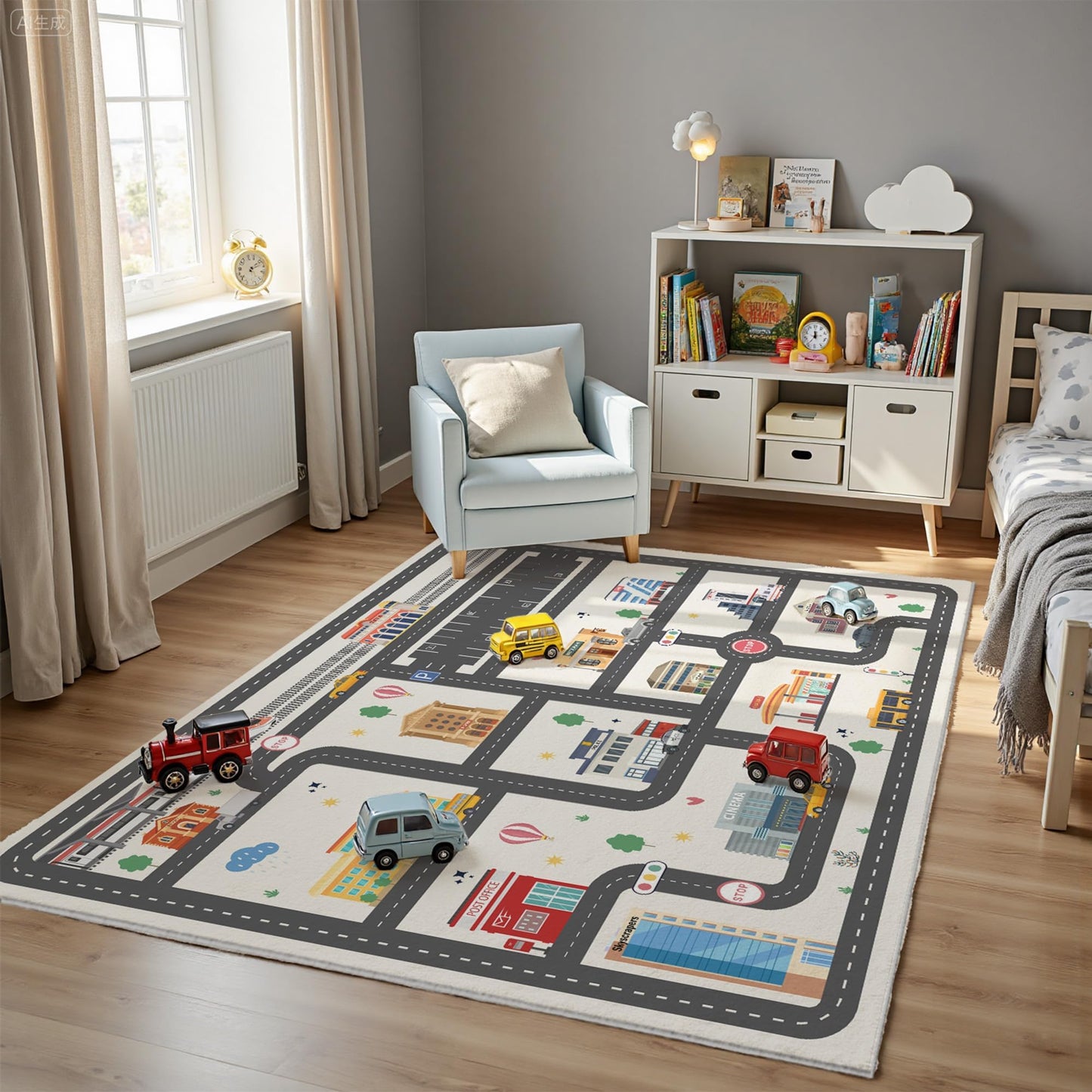 5x7ft Kids City Road Car Play Rug - Non-Slip Faux Wool Carpet with Interactive City Map Design, Educational Toy Vehicle Mat for Kids, Bedroom Playroom Nursery Gift.