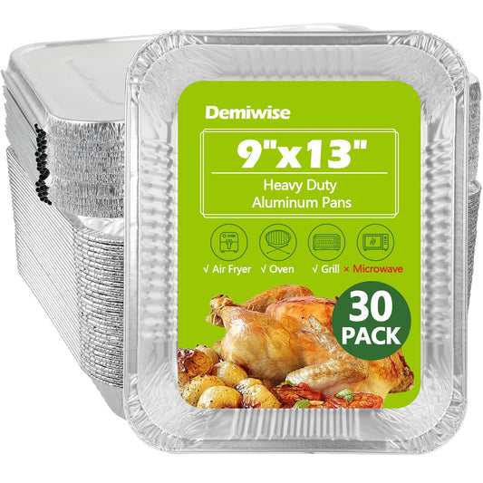 Demiwise Thickened 30 Pack Heavy Duty Aluminum Pans with Lids, 9x13 Aluminum Foil Pans Disposable, Half Size Steam Table Foil Baking Tray for Cooking, Baking, Roasting & Chafing, Carton Packaging