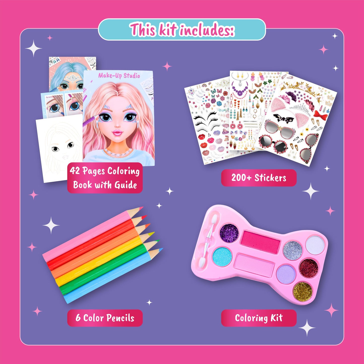BSCOOL Make-up Artist Kit - 2 Sets Pretend Play Makeup & Sticker Coloring Book, Includes Palette, Brushes, Pencils & 200+ Stickers, Girls Beauty Toy Ages 5+