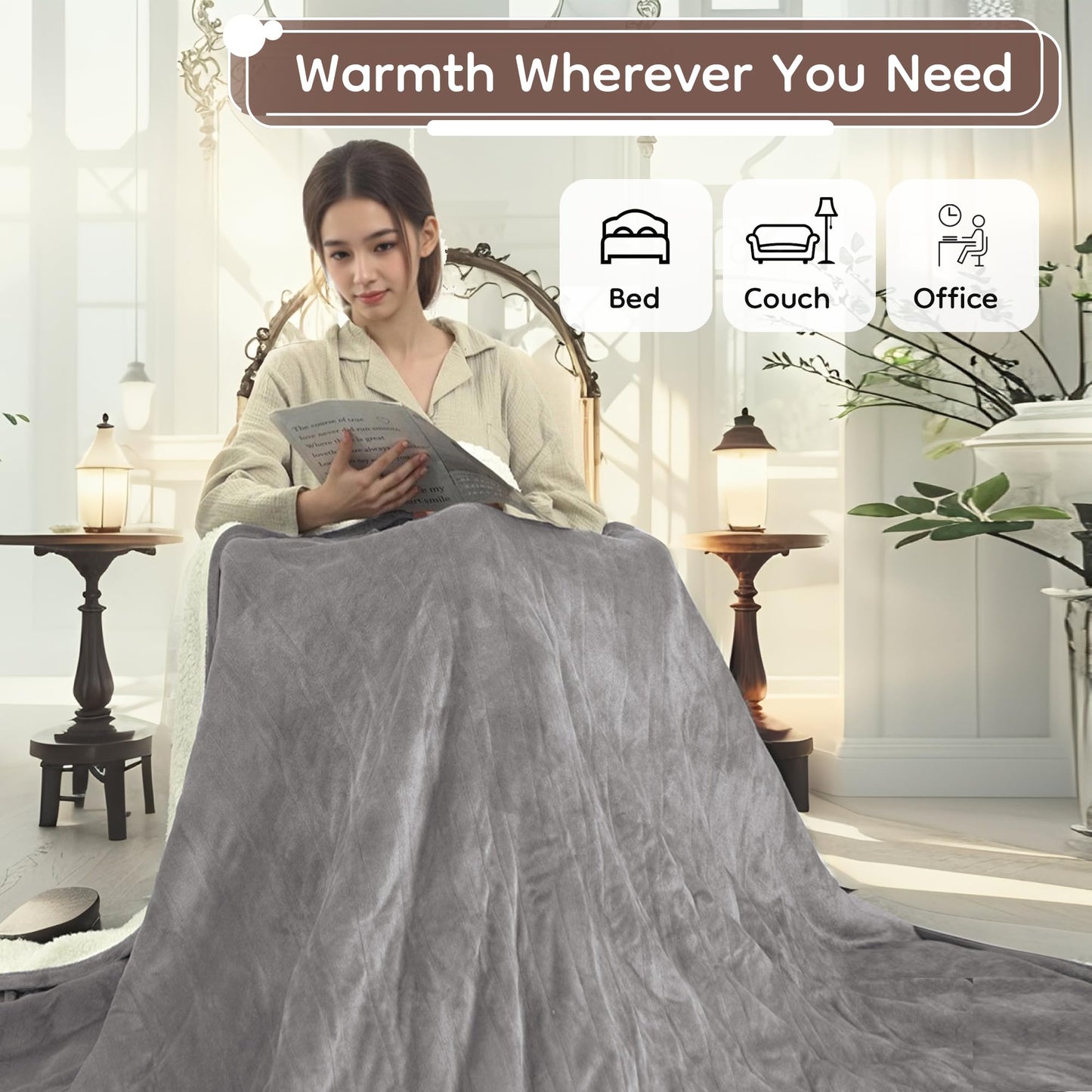 LaffyLo Electric Heated Blanket Full Size 72"x 84", Flannel & Sherpa for Bed, Sofa and Couch, ETL Certified, 10 Heat Settings, 1-12H Timer, Overheat Protection, Machine Washable, Light Grey