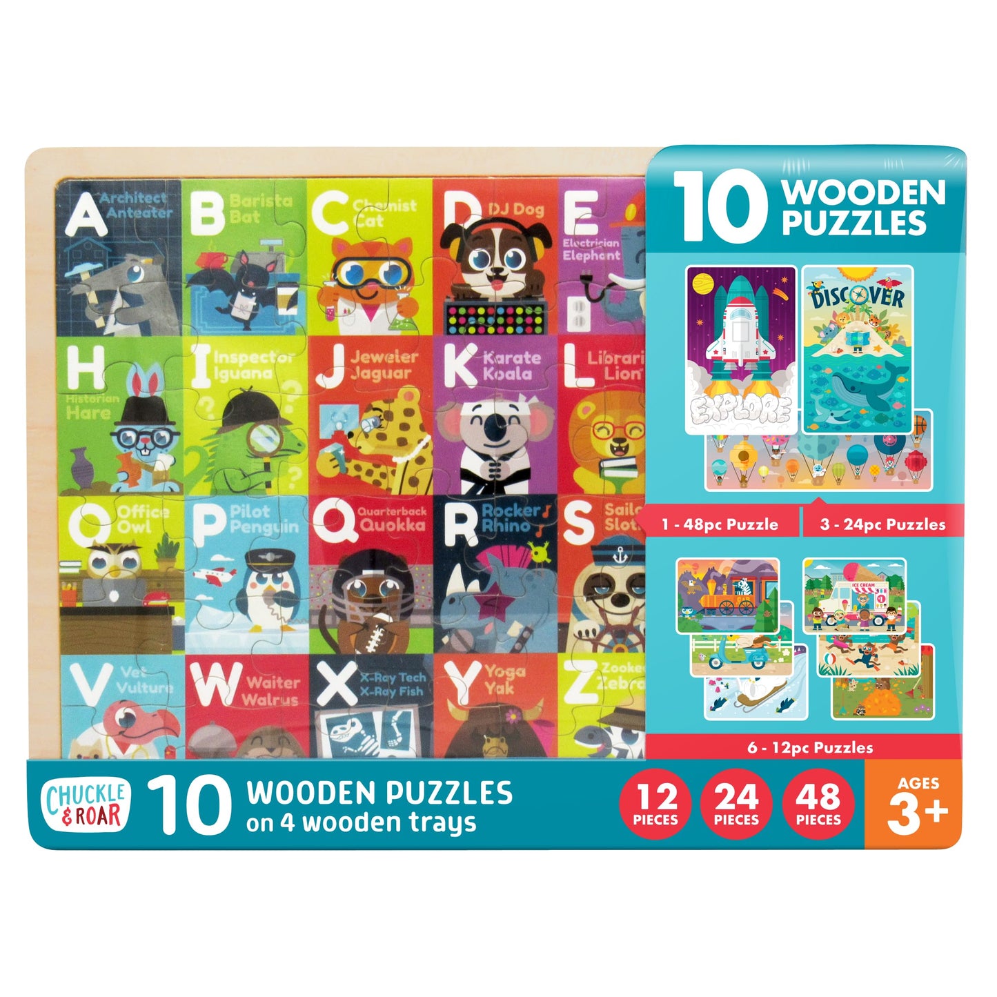 Chuckle & Roar - 10 Pk Wooden Jigsaw Puzzle - Engaging and Educational Puzzles for Kids - Larger Pieces Designed for Preschool Hands - 12-48 Piece Puzzles