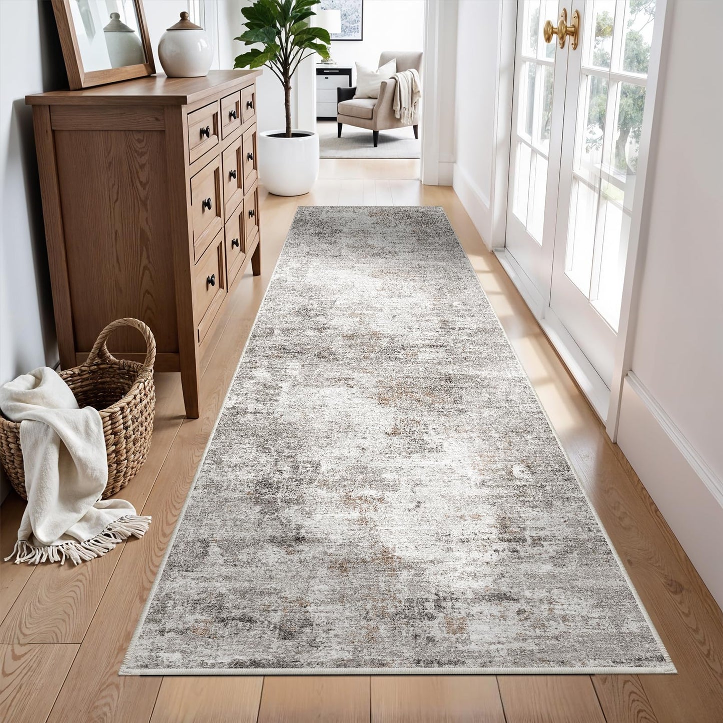 3x10 Ft Long Hallway Runner Rug - Non-Slip Washable Kitchen Runner Rug with Rubber Backing | Modern Abstract Wide Floor Carpet Runner for Indoor Entryway, Bedroom, Living Room, Beige/Grey/Brown