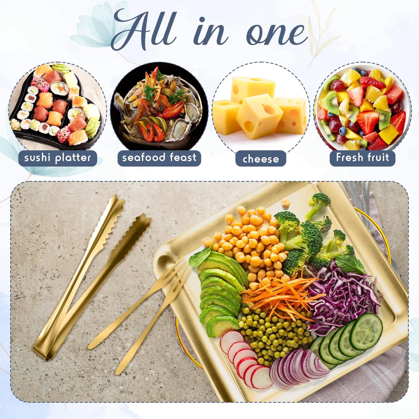 Baderke 4 Set 9" Chilled Serving Tray for Parties with Compartments Ice Chilled Party Platter Charcuterie Serving Board Cold Dish Dip with Forks Tongs for Fruit Seafood Vegetable Appetizer(Gold)
