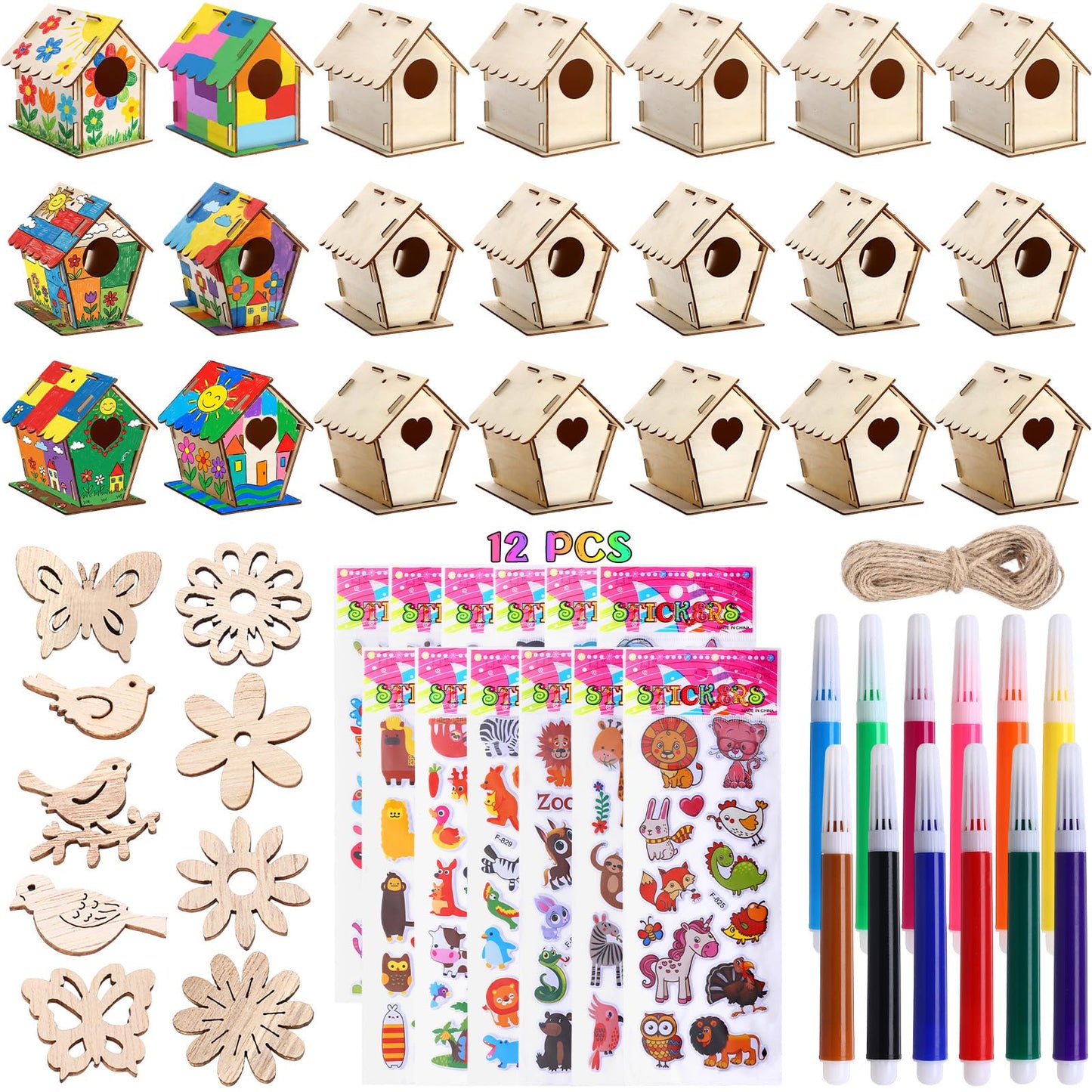 Tuanse 107 Pcs Wooden Birdhouse DIY Kits Includes 21 Unfinished Wood Mini Bird House 24 Watercolor Pen 50 Bird Butterfly Flower Slices 12 Animal Stickers for Adults DIY Craft Making Supplies (Classic)