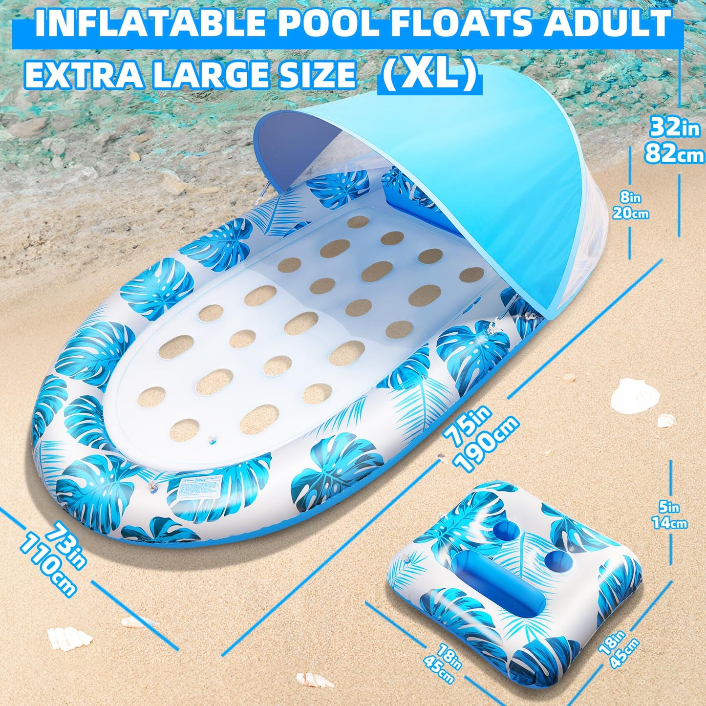 KIZJORYA 2025 New Pool Floats Adult with Canopy and Cup Holder, 3-in-1 Inflatable Pool Lounge Floaties for Swimming Pool Lake Beach Water, Raft Lounger Floating Chair for Adults Heavy Duty