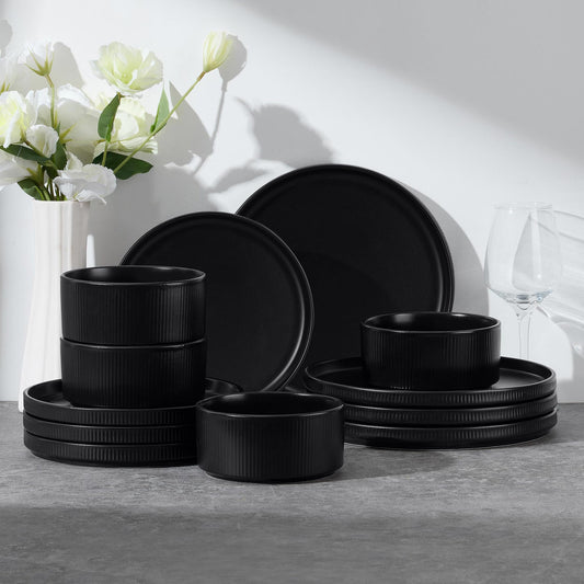 E-far 12-Piece Plates and Bowls Sets, Stoneware Dinnerware Dishes Sets for 4, Kitchen Modern Dining Dishware, Chip & Scratch Resistant, Microwave & Dishwasher Safe, Matte Black