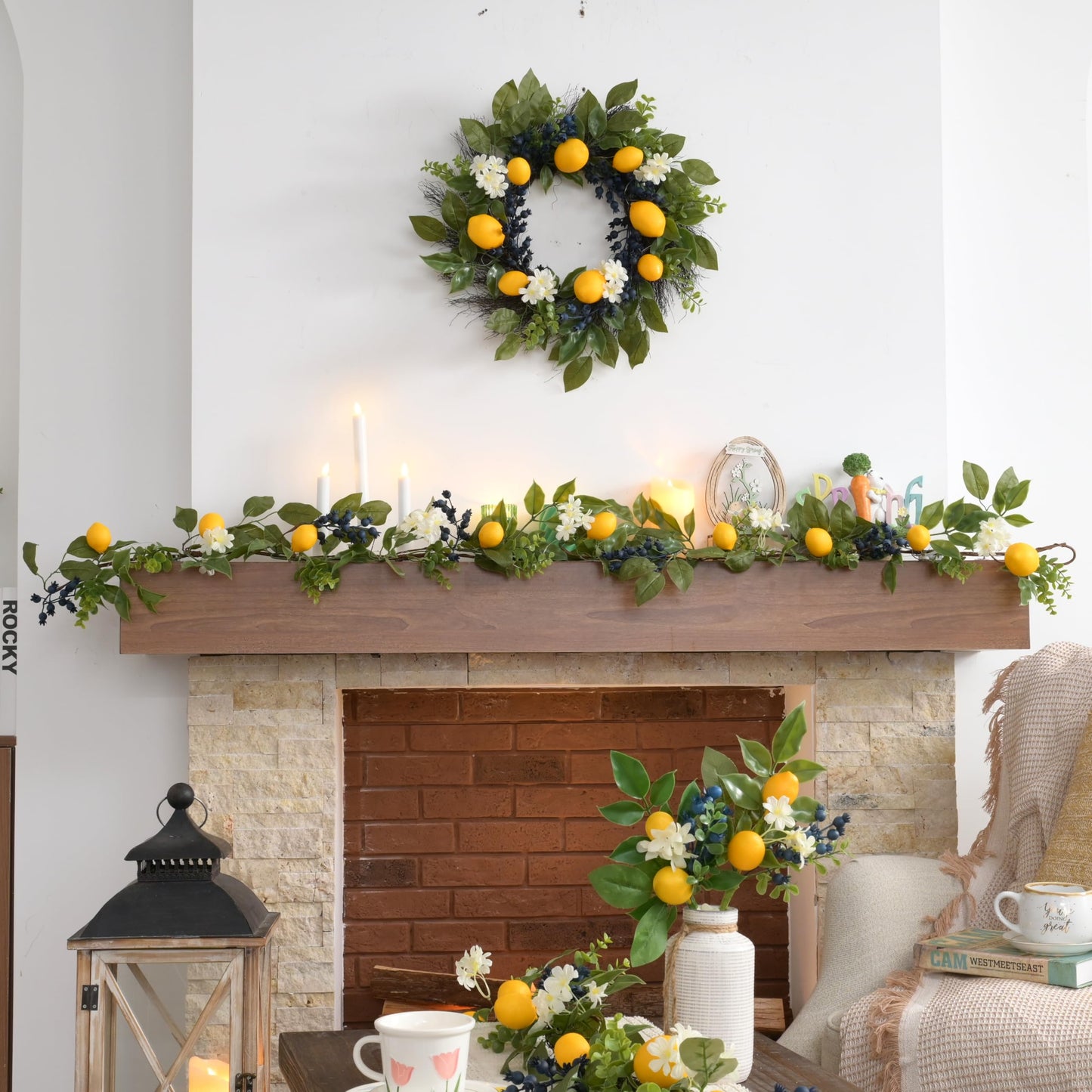 Valery Madelyn 6ft Pre-Lit Lemon Garland with Greenery, Thin Spring Summer Garland for Mantle with Lights, Artificial Fruit Vine for Stairs Fireplace Table, Farmhouse Kitchen Home Wall Party Decor