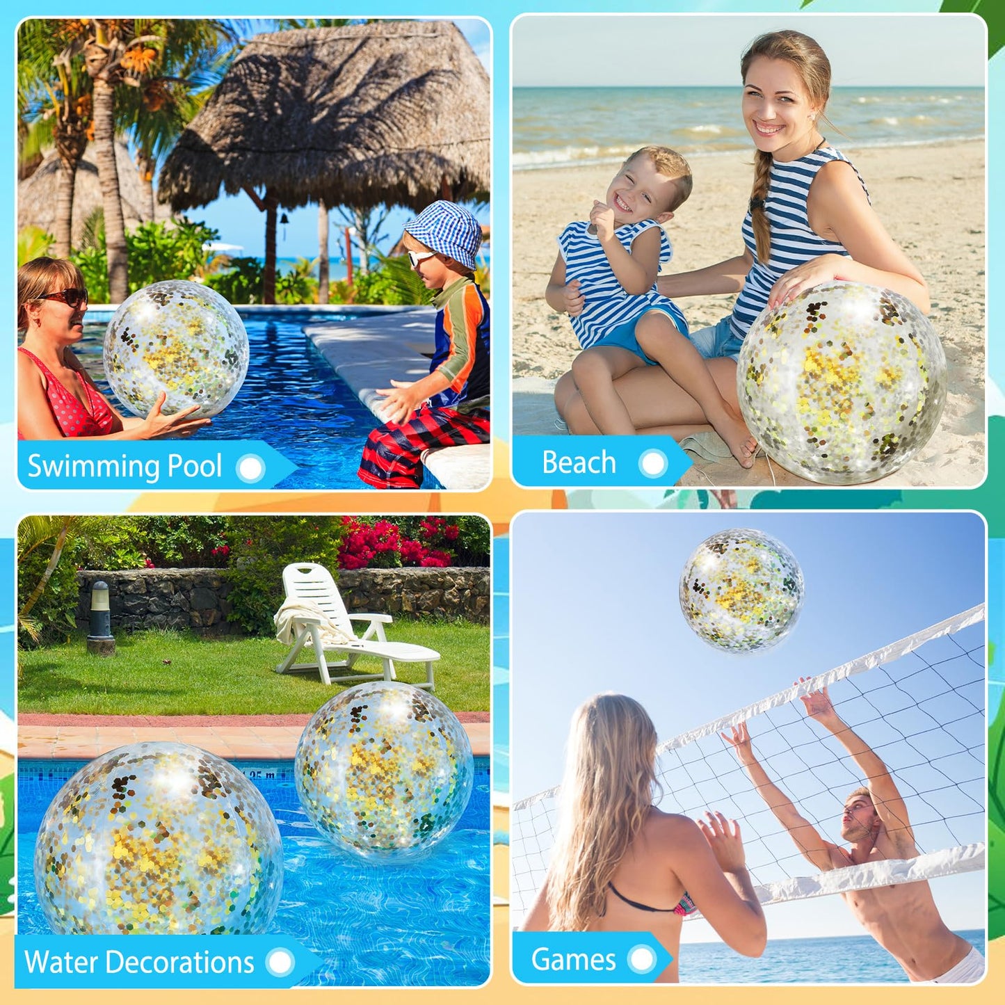 QOUBAI 12 Pack Gold Glitter Beach Beach Balls 16" Large Inflatable Sparkly Confetti Pool Balls Glitter Pool Toys PVC Jumbo Sport Ball for Birthday Hawaiian Halloween Wedding Christmas Party Favor