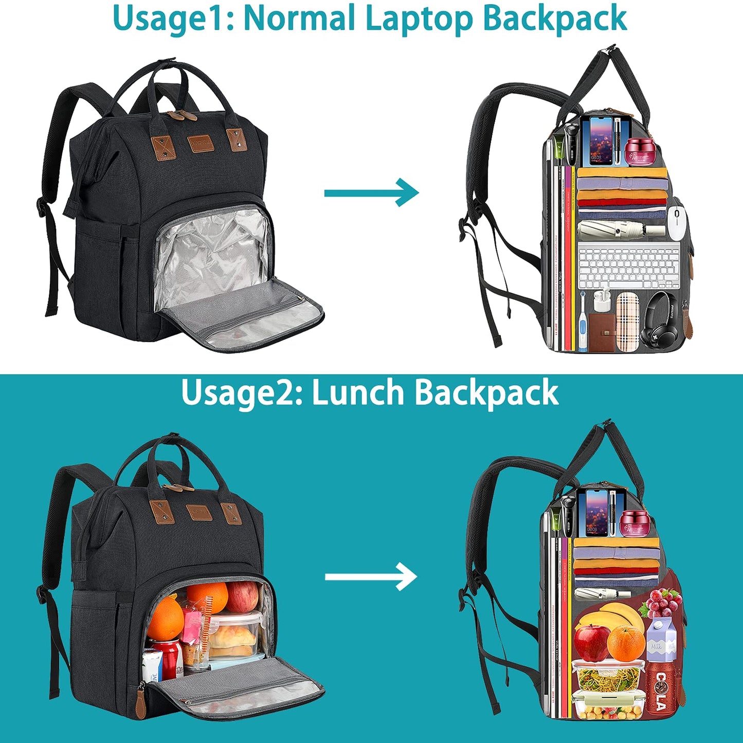 MAQTOIZ 17 Inch Laptop Backpack, Large Lunch Backpack for Women Men Gifts, Travel Carry On with Lunch Box and USB Port, Insulated Cooler Bookbag Nurse Work Backpacks, Black