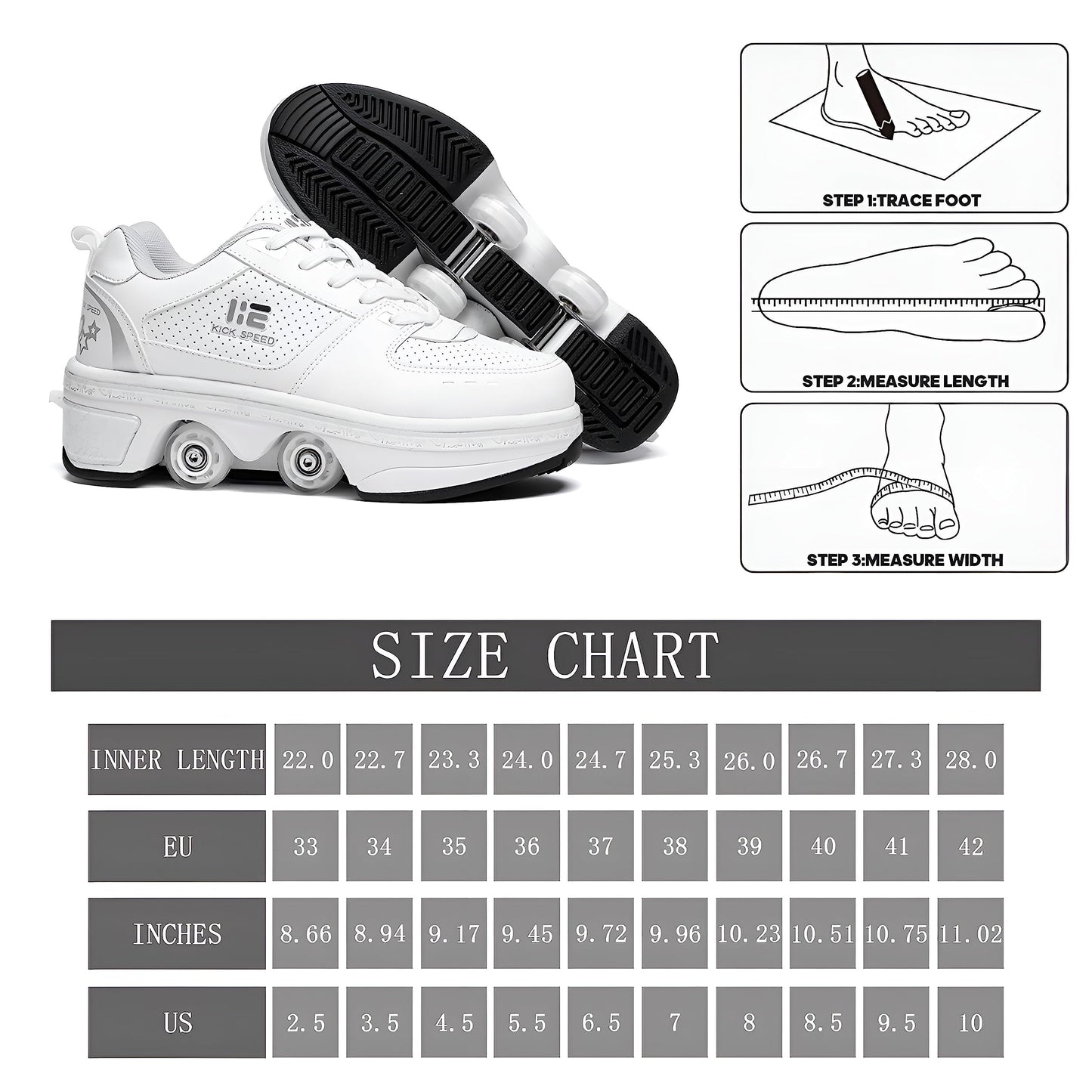 2-in-1 Roller Skates Shoes with Retractable 4 Wheels & Pop-Out Deformation Sneakers Outdoor Sports Skating Shoes for Girls Boys