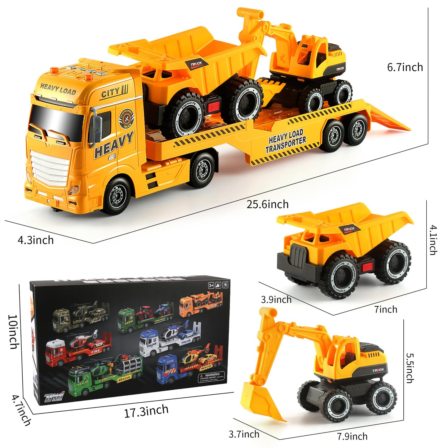 Dwi Dowellin Construction Carrier Truck Kids Toys,25.6" Semi-Trailer Toy with Excavator and Dump Truck,Gifts for Age 3 4 5 6+ Years Old Boys Girls
