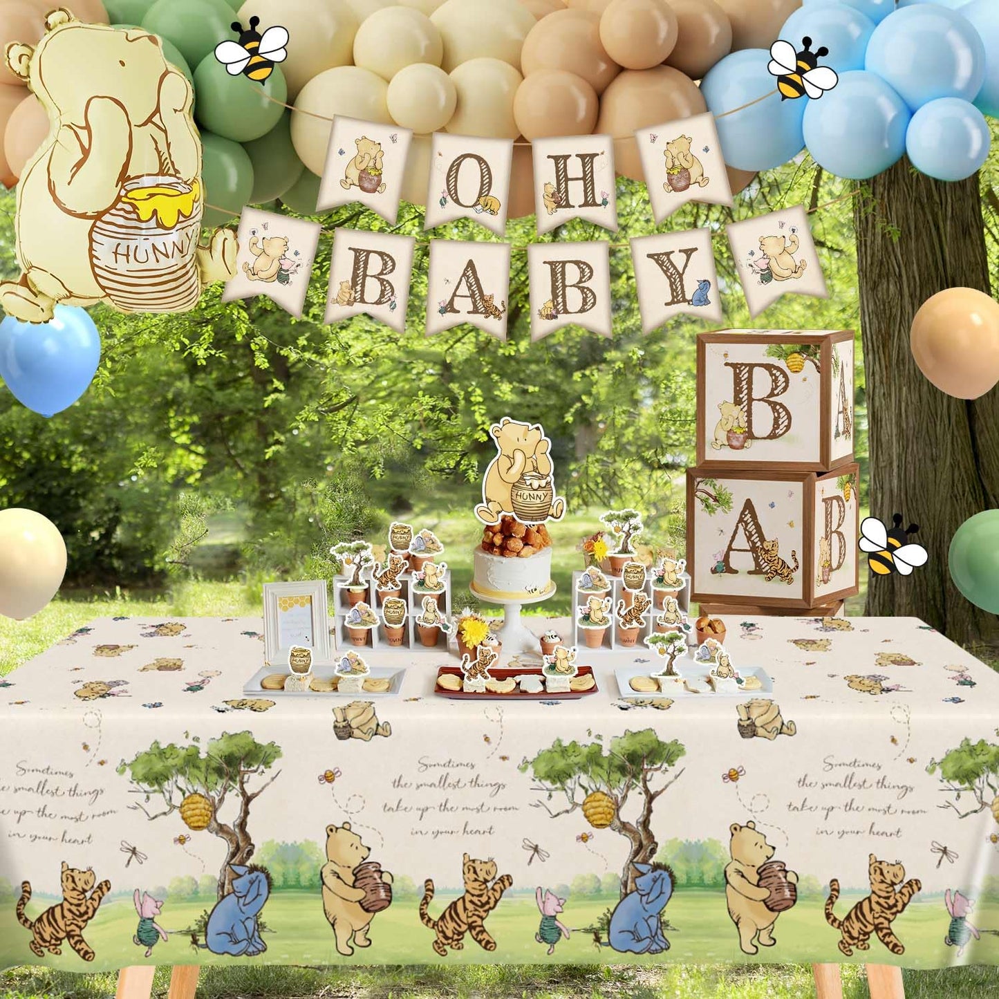 Classic Winnie Bear Baby Shower Decorations, Neutral All-In-One Pooh Baby Shower Balloon Arch Baby Boxes Backdrop Banner Tablecloth Cake Cupcake Topper Bee Stickers Mom To Be Sash Kit for Boys Girls