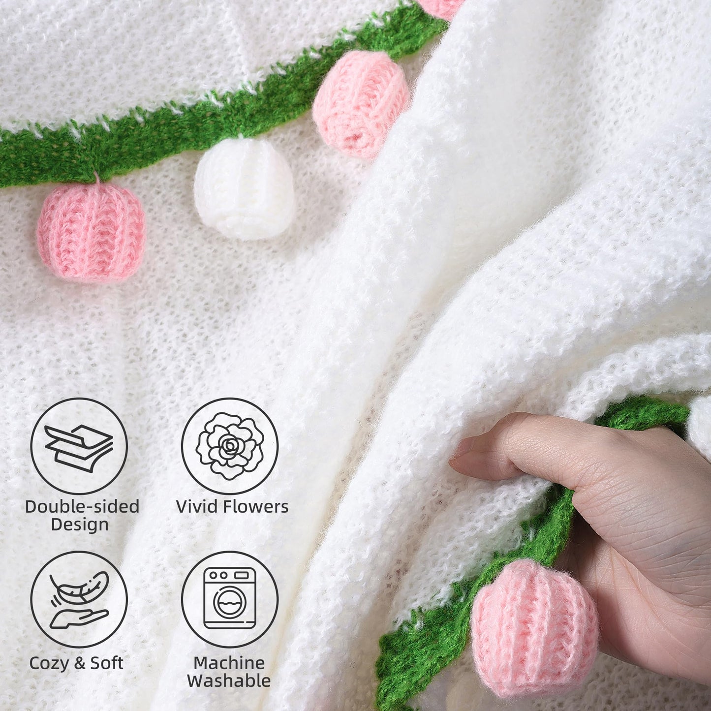 Crochet Flower Bouquet Throw Blanket, 43inch Handmade Knitted Blanket with Rose Flowers, Cute Romantic Gift for Her Girlfriend Mom Mother’s Day Valentine Wedding Anniversary Birthday, Pink and White