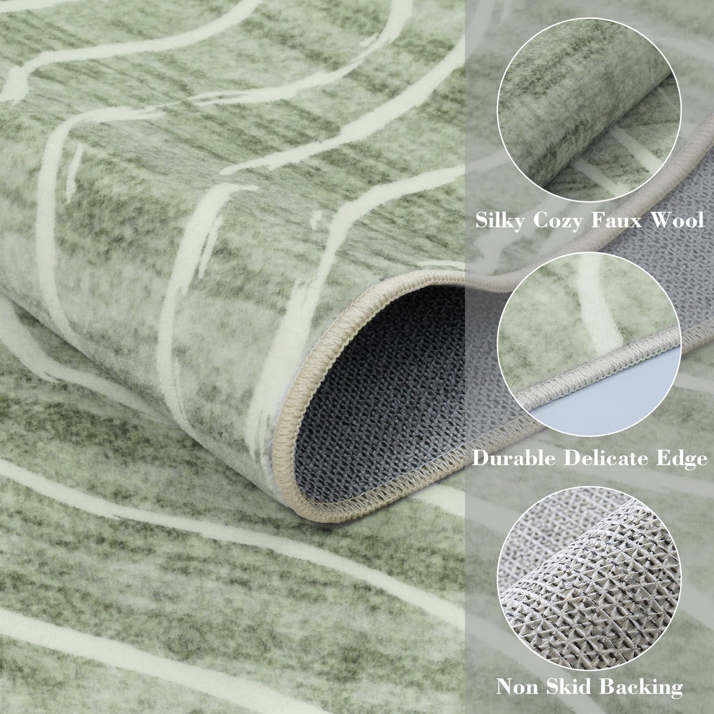 5x7 Sage Green Modern Abstract Area Rugs for Living Room, Washable Rugs for Nursery Bedroom, Non-Slip Minimalist Neutral Wave Striped Rugs for Playroom Boys, Throw Accent Rug Carpet for Dining Room