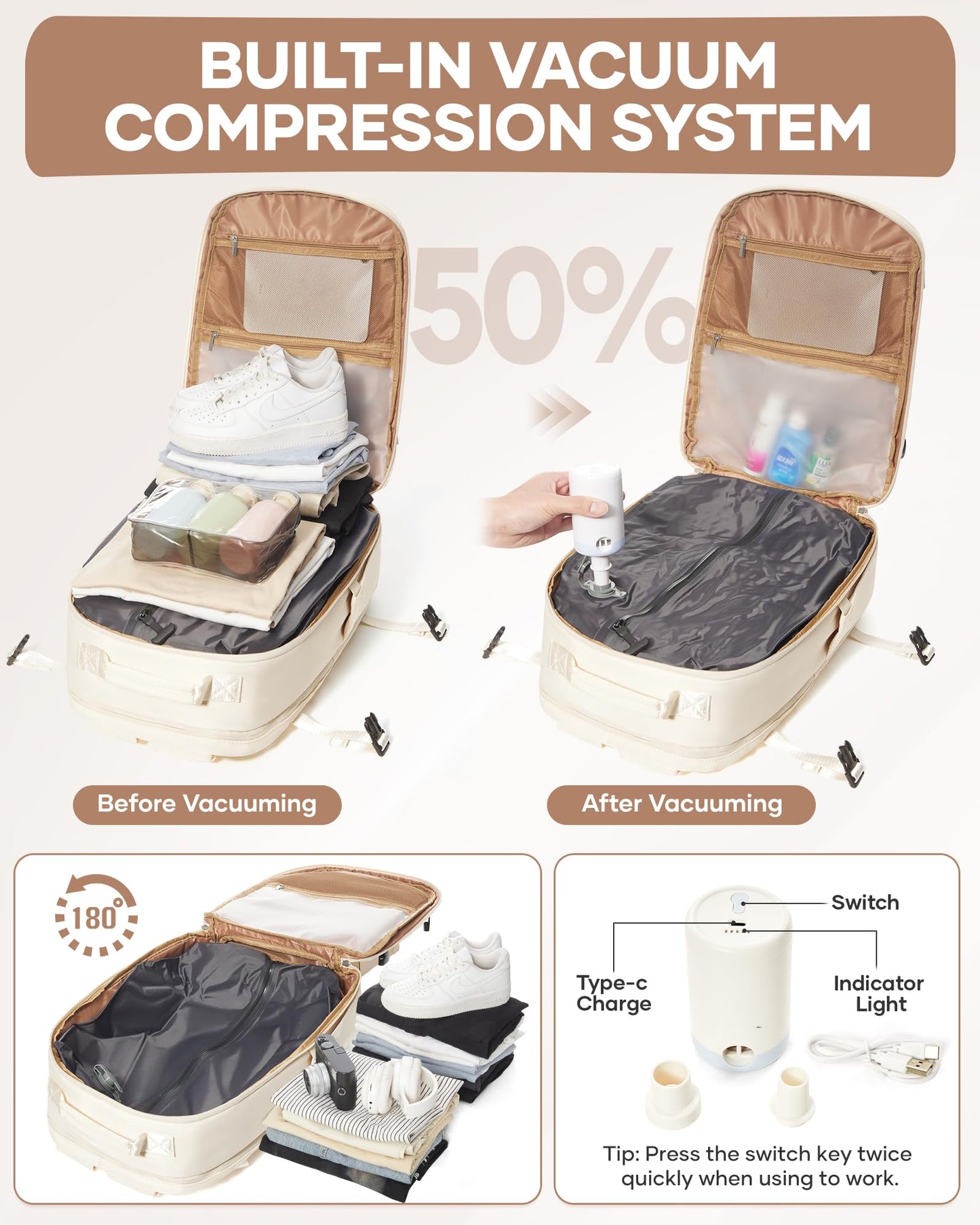 coofay Vacuum Backpack Travel with Pump Airback Vacpack Backpack with Vacuum Seal Backpacks Traveling Backpacks Vacuum Compression Air Travel Bag Carry on Luggage