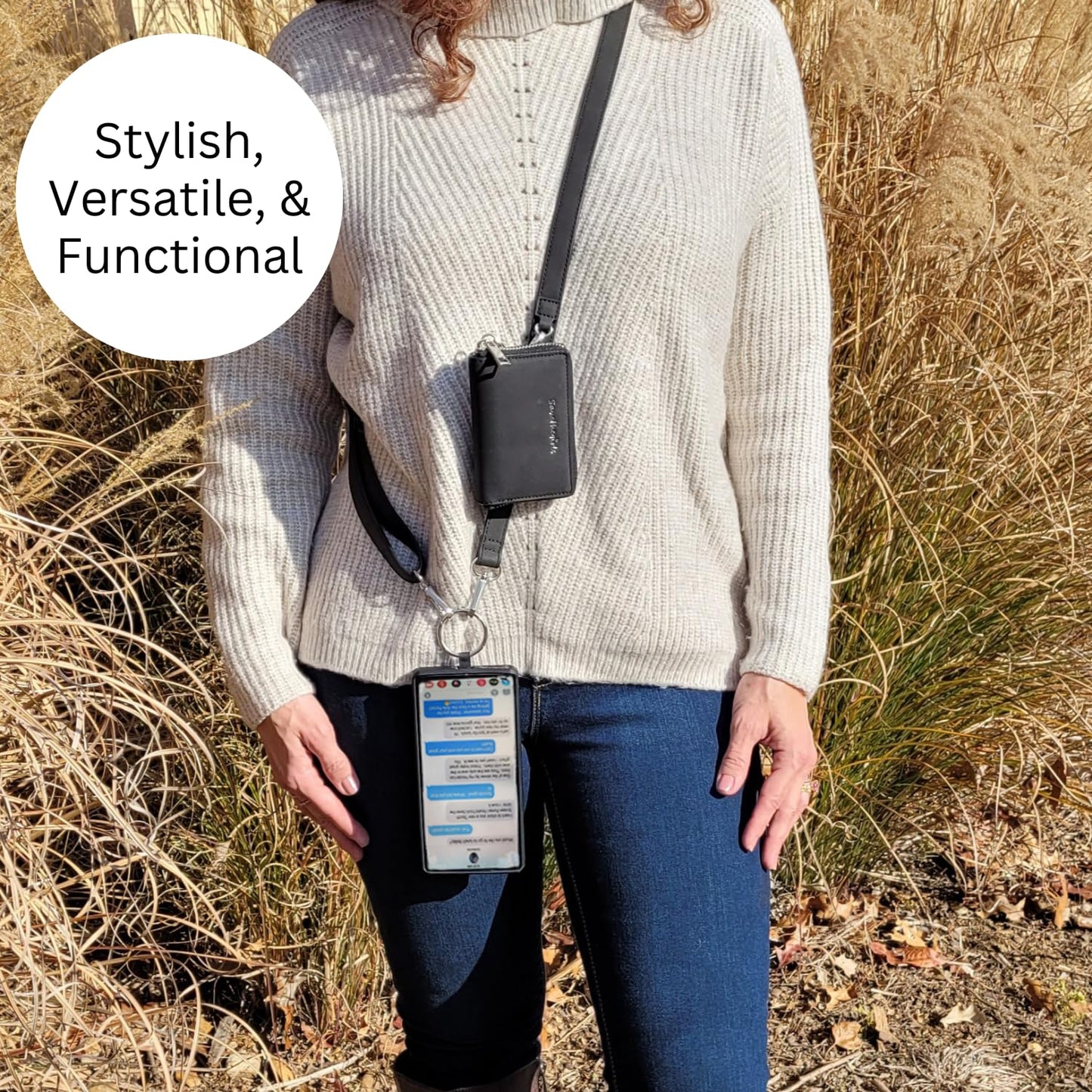 Save the Girls Clip and Go Brushed Vegan Phone Lanyard (Black) - Crossbody Phone Case with Pouch, Adjustable and Removable Shoulder Strap and Wristlet Strap