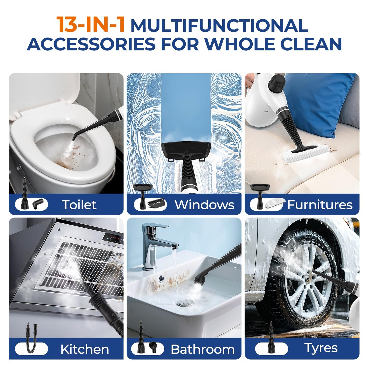 Steam Cleaner, Pressurized Handheld 13pcs Multi-Purpose Natural Deep Cleaning Steamer, Portable Steamer for Cleaning Home, Grout, Kitchen, Car, Window, Upholstery, Bathroom and Clothes, White