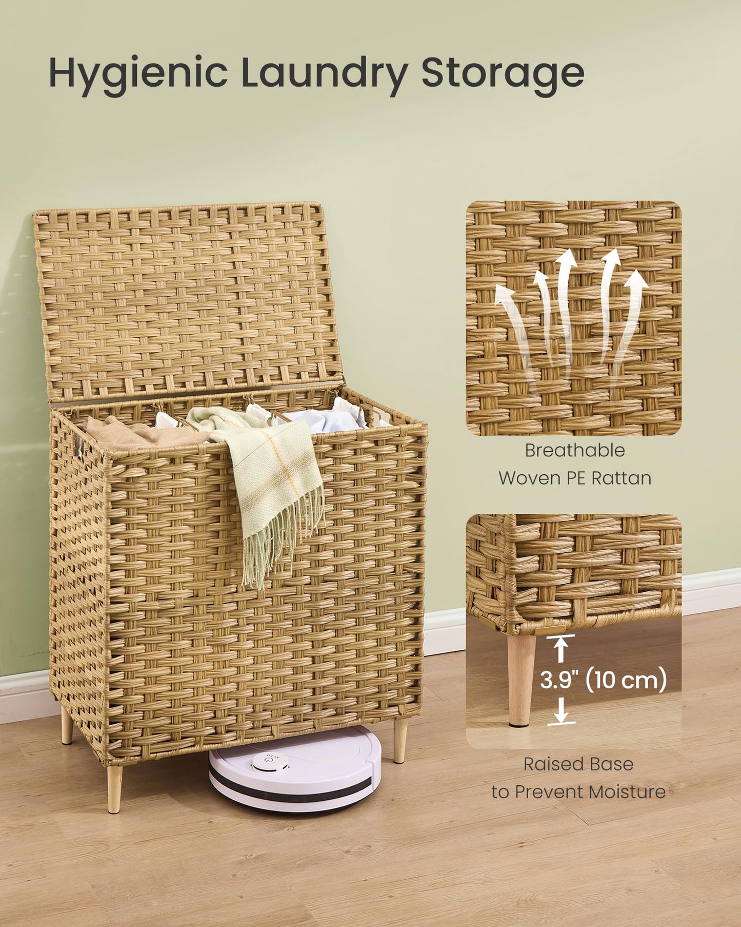 SONGMICS 3-Section Laundry Hamper with Lid, 42.2 Gal (160L) PE Rattan Laundry Basket with Removable Washable Liners, for Bedroom & Living Room, Goose Yellow ULCB223YE01