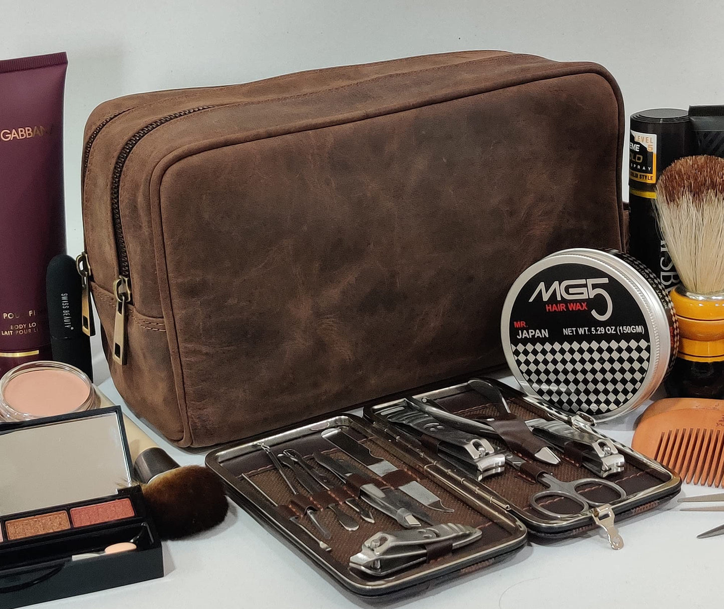 RUSTIC TOWN Full Grain Leather Travel Toiletry Bag - Dopp Kit Organizer (Dark Brown)