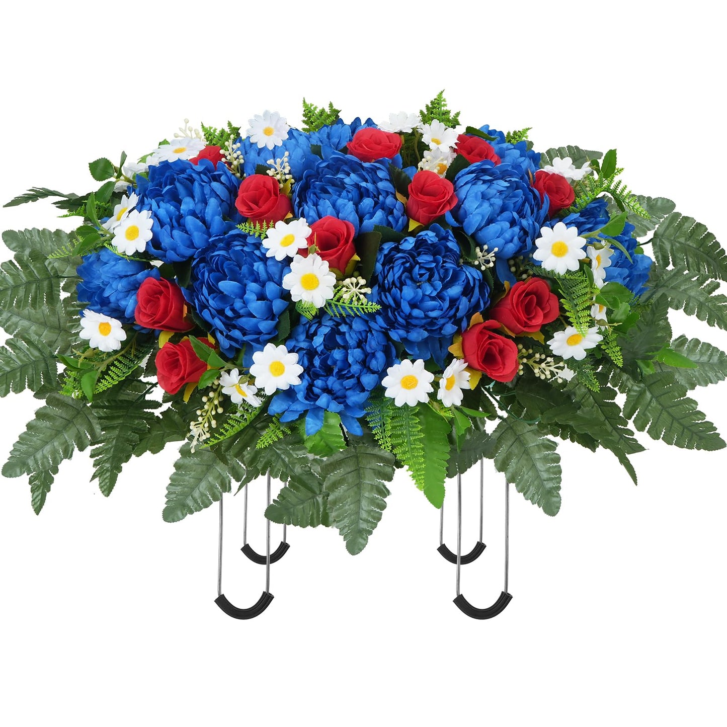 MHMJON Artificial Saddle Flowers for Cemetery Headstone, Realistic Red White Blue Flowers Fake Mums Silk Rose Floral Arrangement Saddle for Headstone Grave Tombstone 4th of July Decor