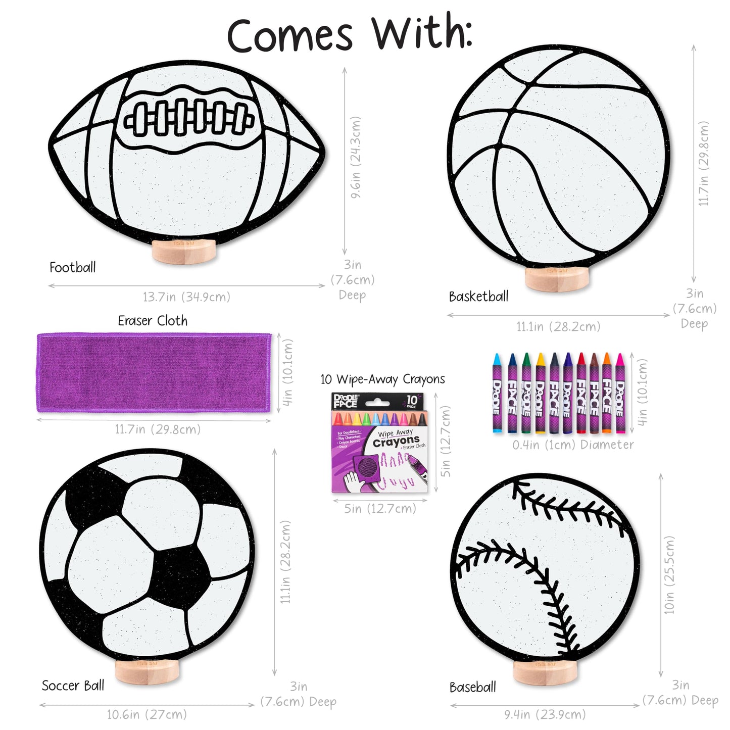 High-Contrast Black & White 3D Sports Set — Builds Baby Vision Books & Cards Can't. Then Toddler Motor Skills for School. Re-Colorable Baseball, Basketball, Football, Soccer Ball + 10 Crayons