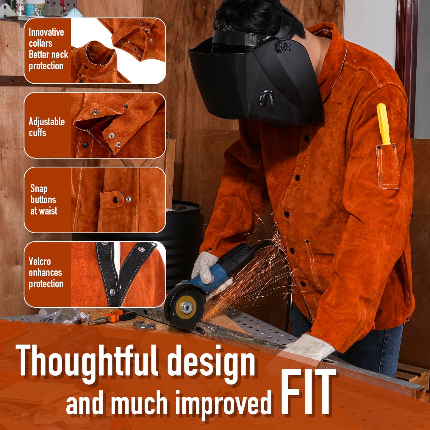 QeeLink Leather Welding Jacket - Flame-Resistant Heavy Duty Work Welder Jackets - Split Cowhide Welding Coat for Men Women (Large)