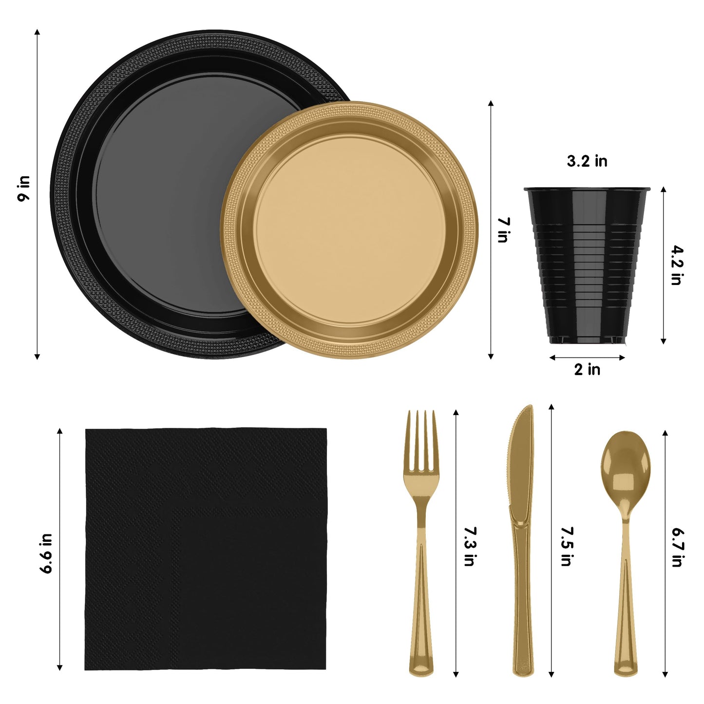 350 Pcs Black & Gold Plastic Plates For Party, Black & Gold Disposable Plates Set, 50 Of Each 9" Dinner Plate Set, 7" Dessert Plate, Cups, Napkins & Cutlery Plastic Dinnerware Exquisite