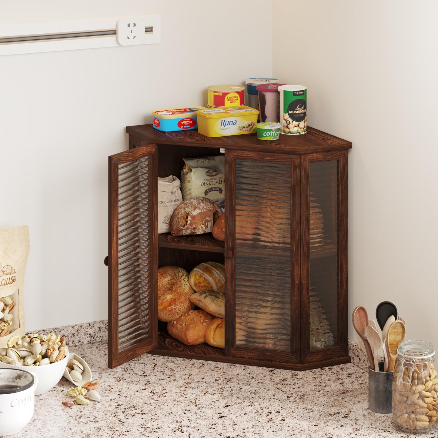 WouZglk Corner Bread Box for Kitchen Counter, 16.7 Inch Extra Large 2-Tier Farmhouse Bread Box with Natural Pine Wood Grain, Dual Wave Glass Doors and Adjustable Shelf(Pine Wood)