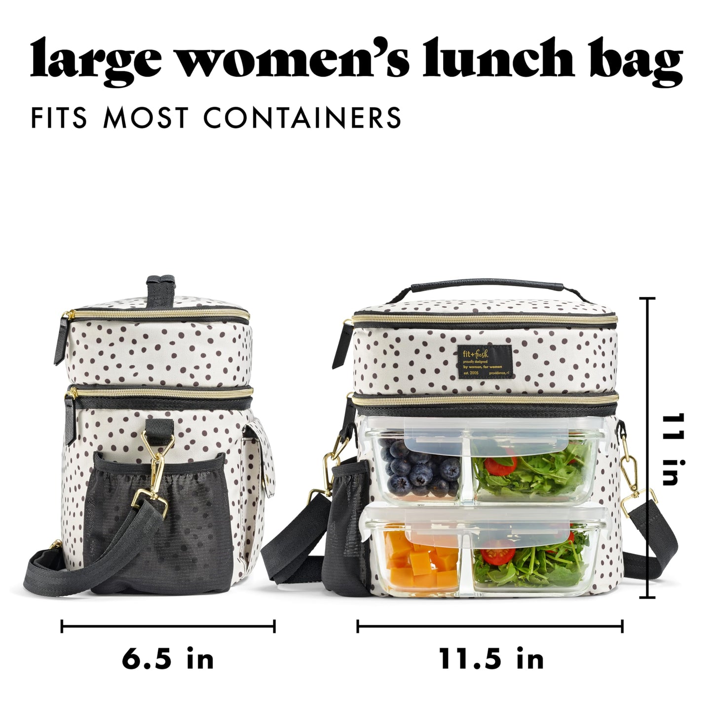 Fit & Fresh Westminster Dual-Compartment Insulated Lunch Bag for Women, Complete Lunch Set with 2 Containers, Double Deck Insulated Cooler Bag with Adjustable Strap, Black & White Polka Dots