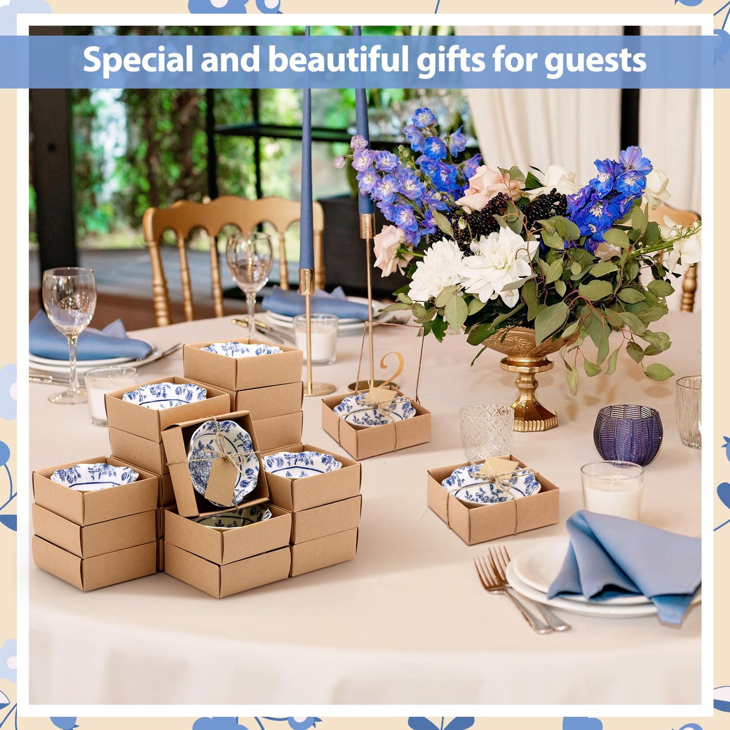 SiliFine 24 Pcs Wedding Favors for Guests Small Ceramic Bowl Bulk Gifts Set 3.3 Inch Floral Design Mini Dipping Sauce Dish with Card Box for Bridal Pooja Baby Shower Birthday (Flower,Blue)