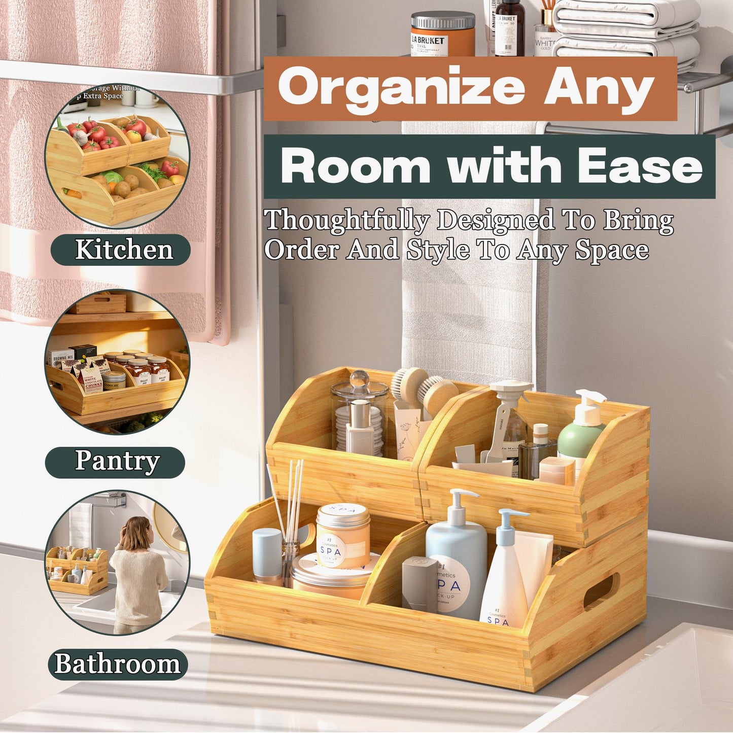 Potato and Onion Storage Bin, Stackable Pantry Organizers for Kitchen Countertop, Ventilated Bamboo Storage Baskets with Handles, Multipurpose Organization Containers for Fruit, Vegetable, 3 Pack